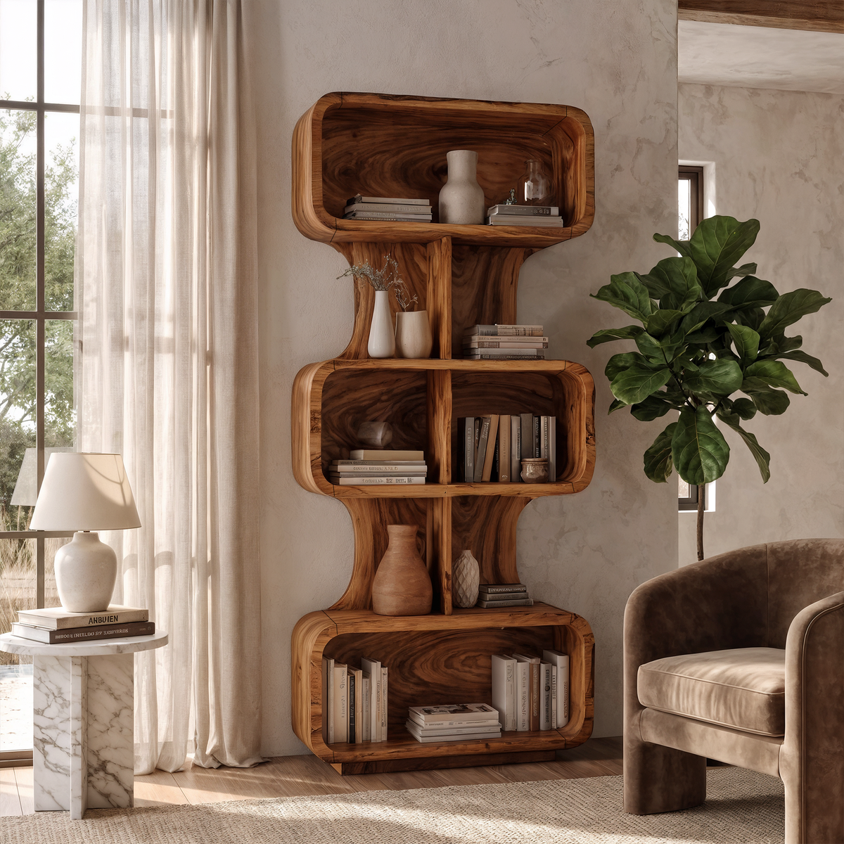 Mid Century Bookshelf Handcrafted Solid Wood Design For Home Office SINLKIBS055