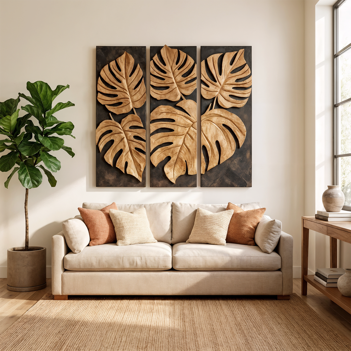 Carved Monstera Leaf Solid Wood Wall Art Triptych Statement Decor SINLKIWD023