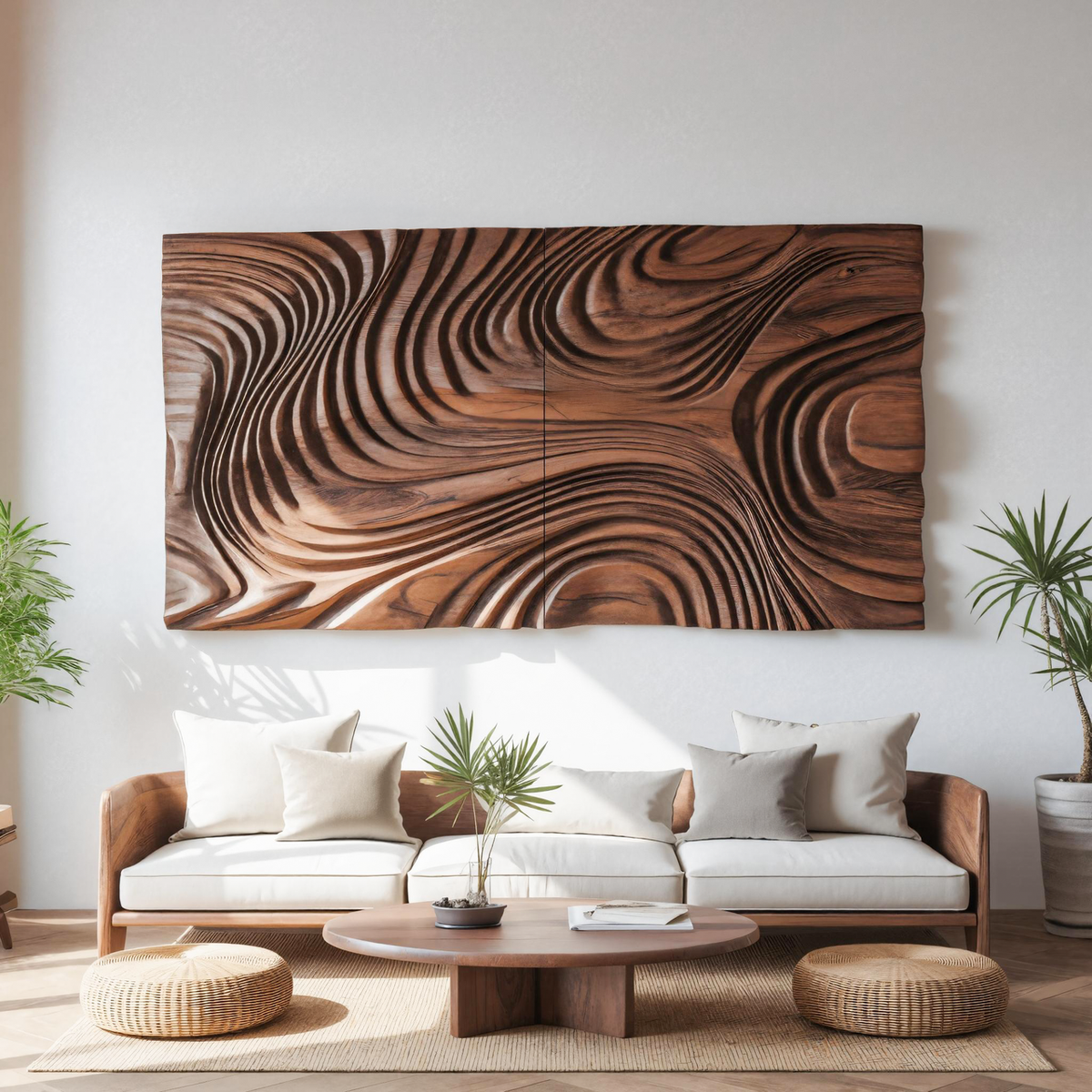 Abstract Sculptural Wood Wall Art With Carved Wave Patterns For Living Room Or Bedroom SITHTTWA003