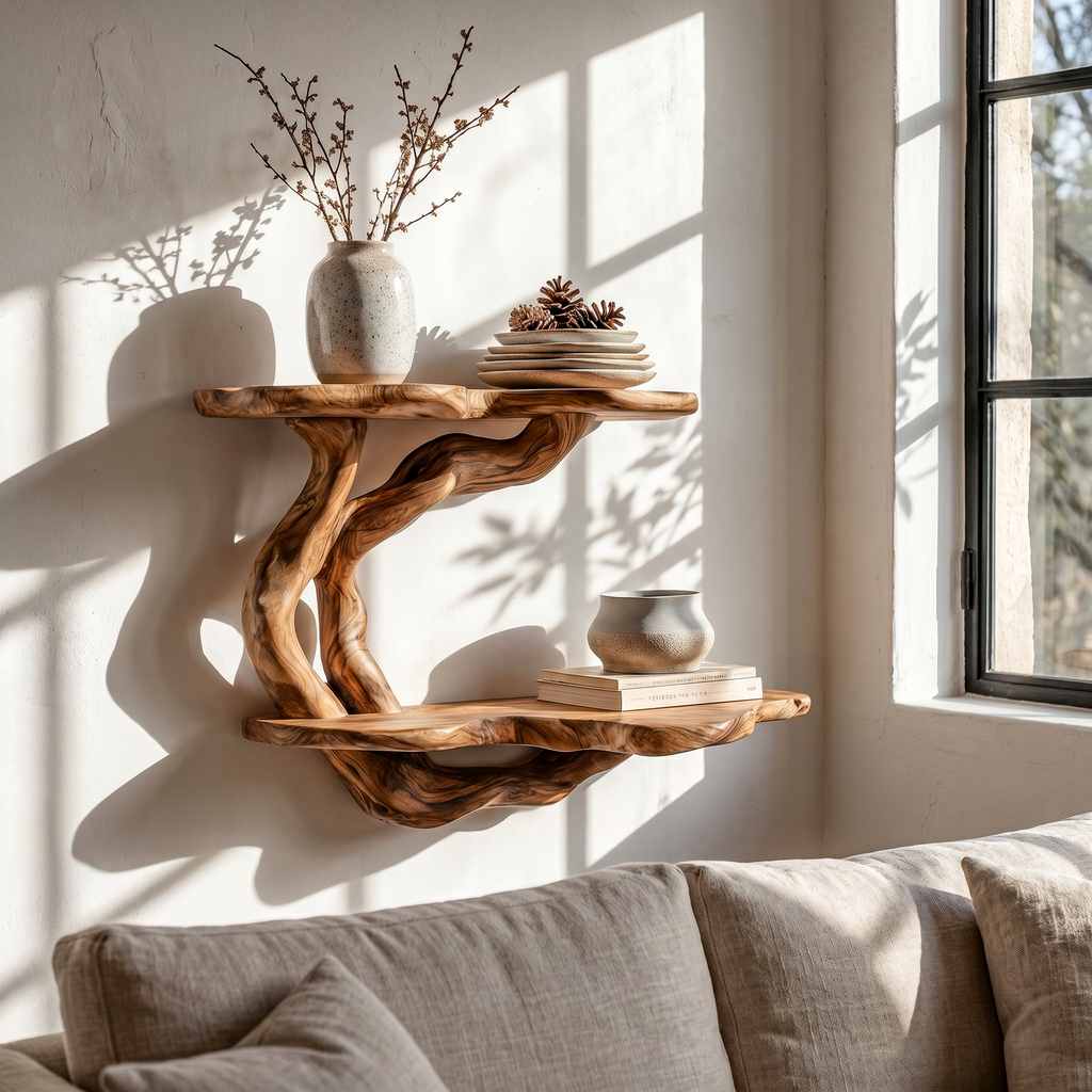 Handcrafted Floating Shelf With Sculptural Tree Form For Living Room Decor SINLHAFL555