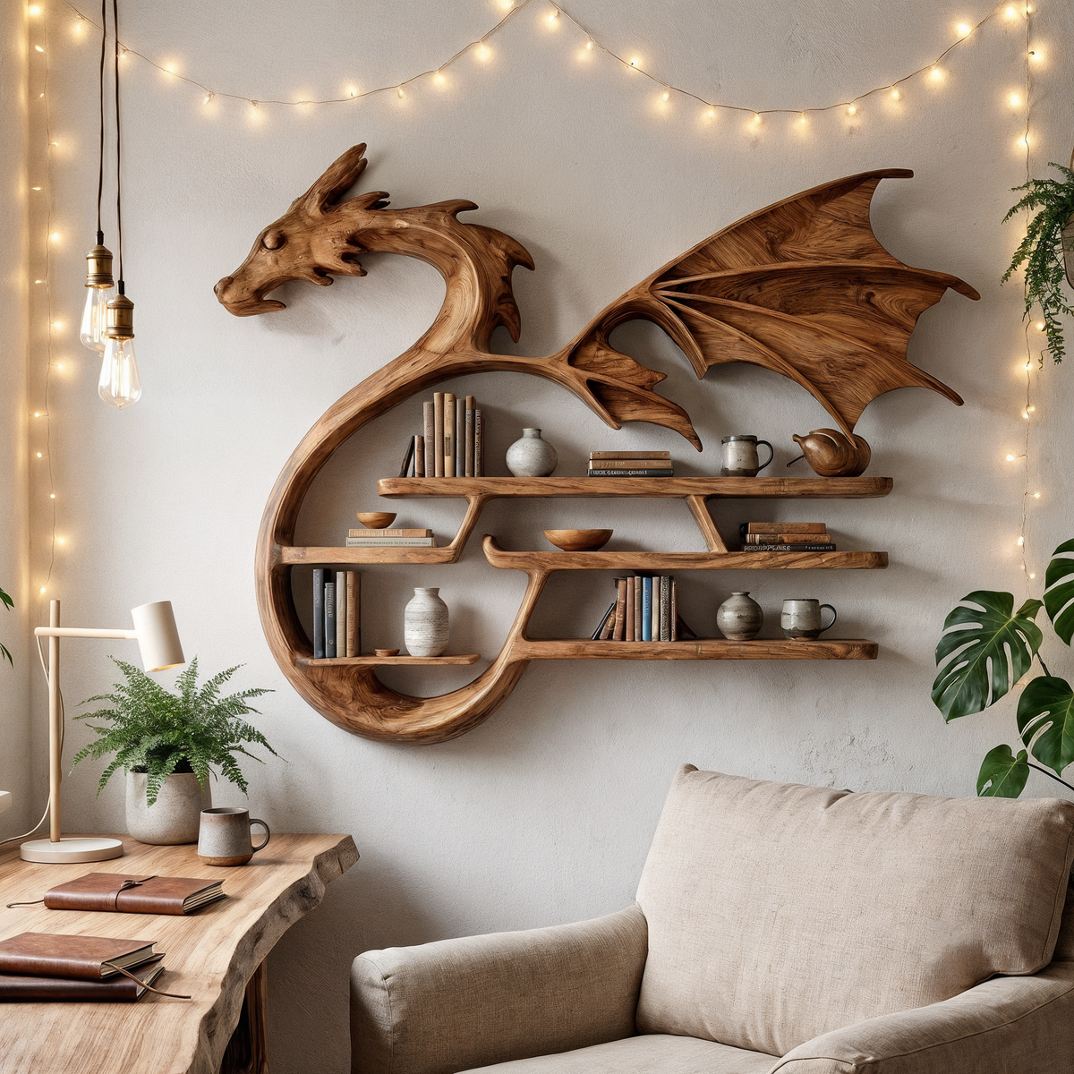 Medieval Dragon Wall Shelf With Sculptural Wooden Display Storage For Living Room SINLHABS044