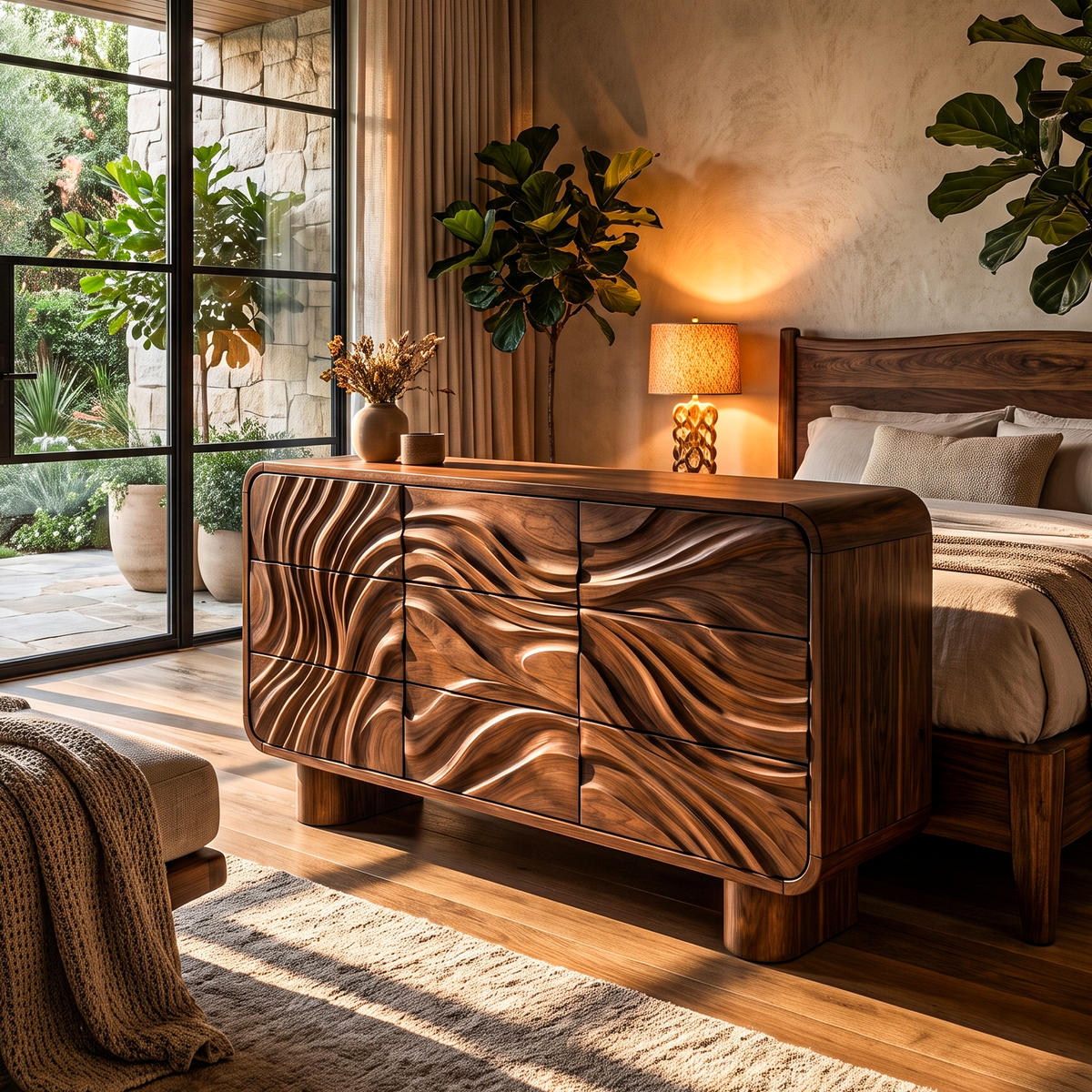 Contemporary Bedroom Dresser Drawers With Sculpted Wave Pattern And Curved Corners For Bedroom SINLHADR003