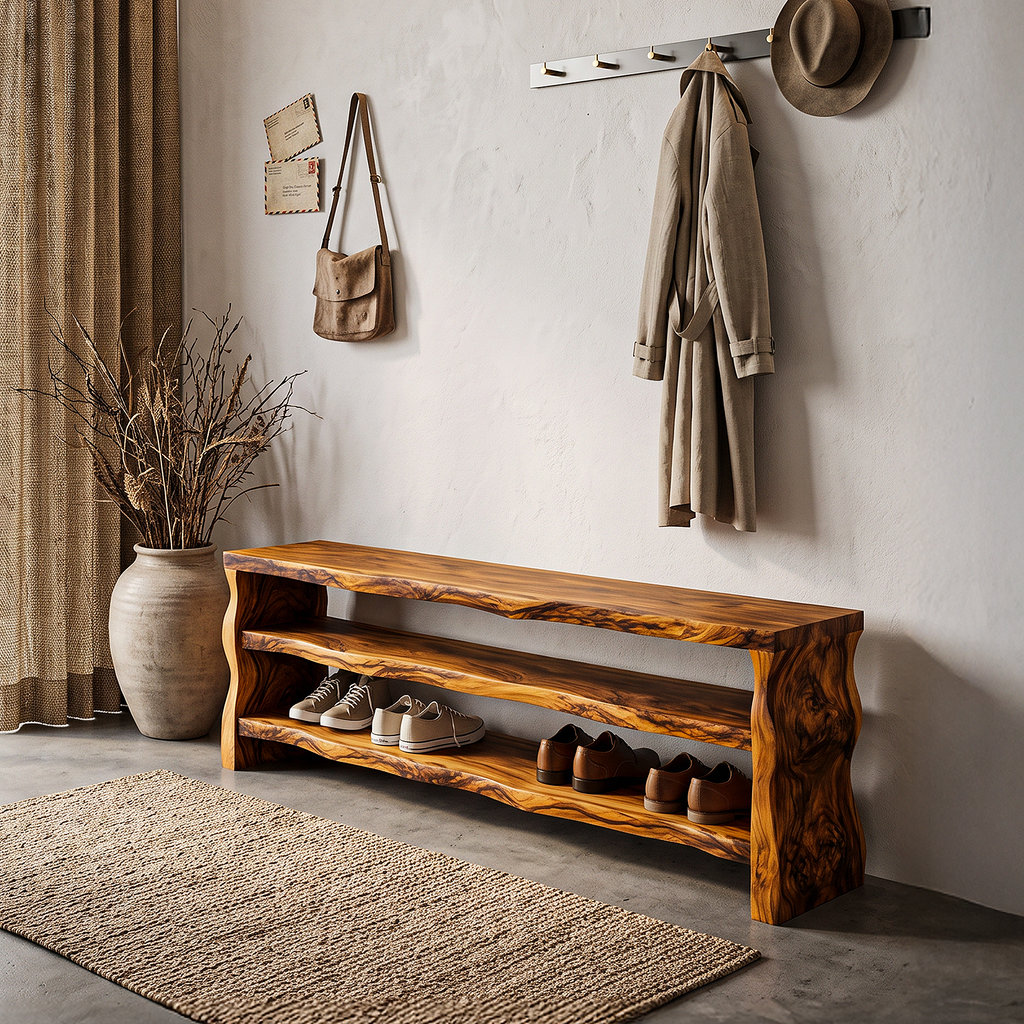 Live Edge Shoe Bench Open Storage Organizer For Entryway Hallway SINLHASHB104