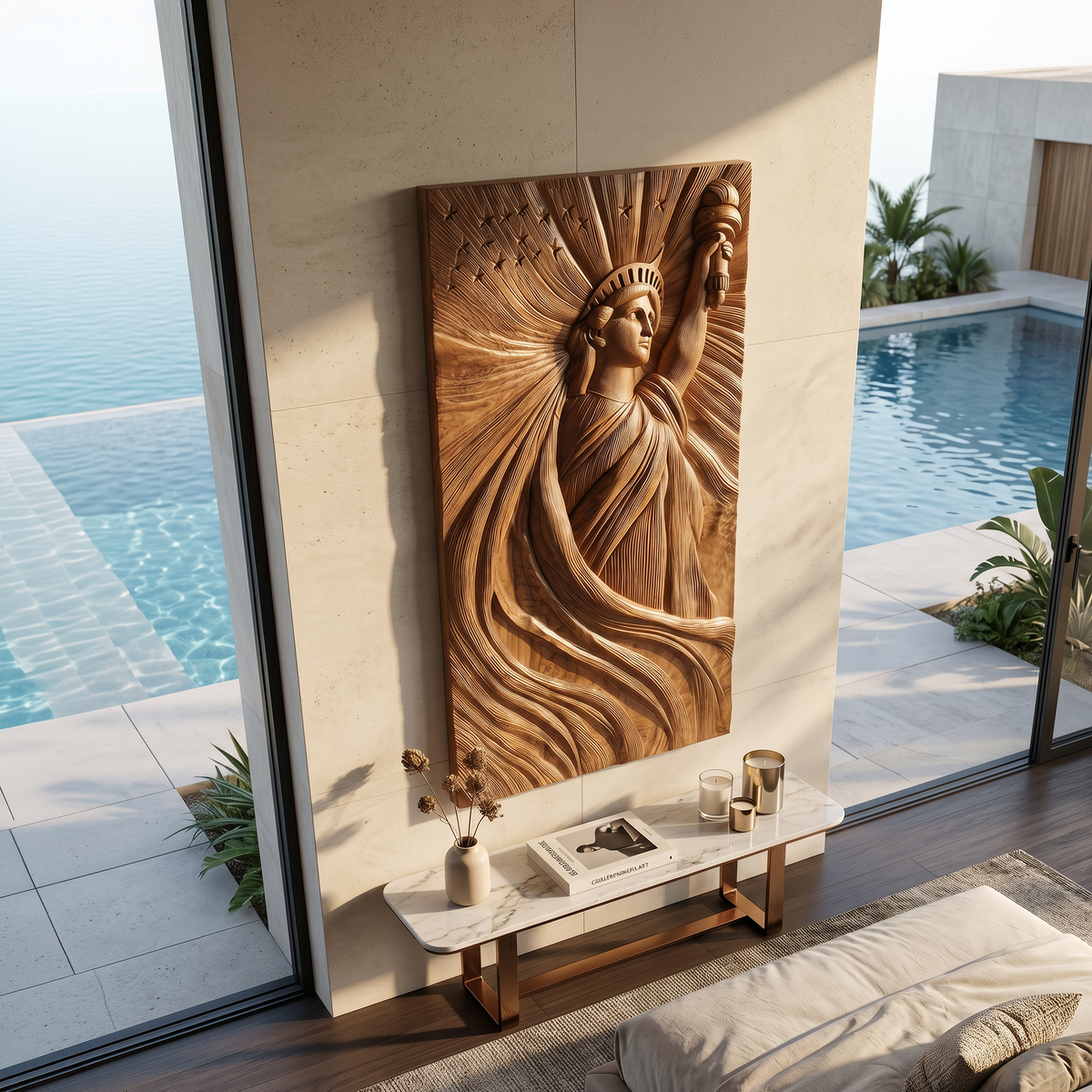 Coastal Modern Statue of Liberty Wood Wall Art, Handcrafted 3D Wooden Icon Sculpture Panel for Luxury Beach Villa Bedroom Decor, SILDTTRWA121