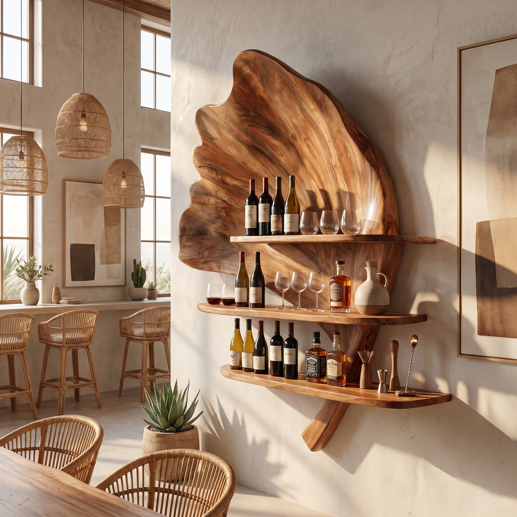 Boho Wall Mounted Wine Rack, Rustic Solid Wooden Wine Bottle and Glass Stemware Holder Display Stand for Kitchen & Apartment Bar, SILDTTRWH076