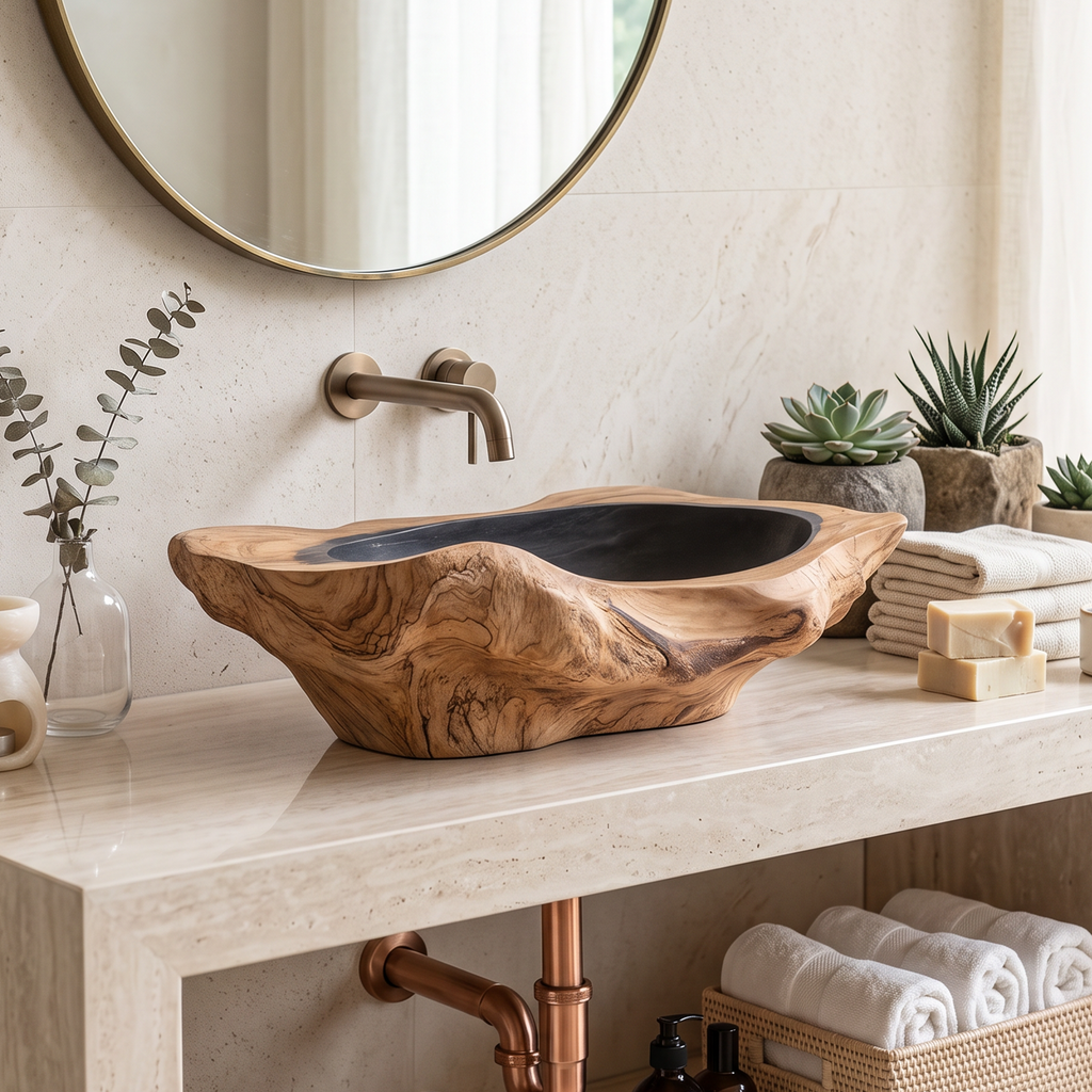 Handcrafted Solid Wood Sink, Live Edge Wooden Vessel Wash Basin Bowl with Natural Wood Grain Texture for Farmhouse Bathroom Vanity, SILDTTNVS016