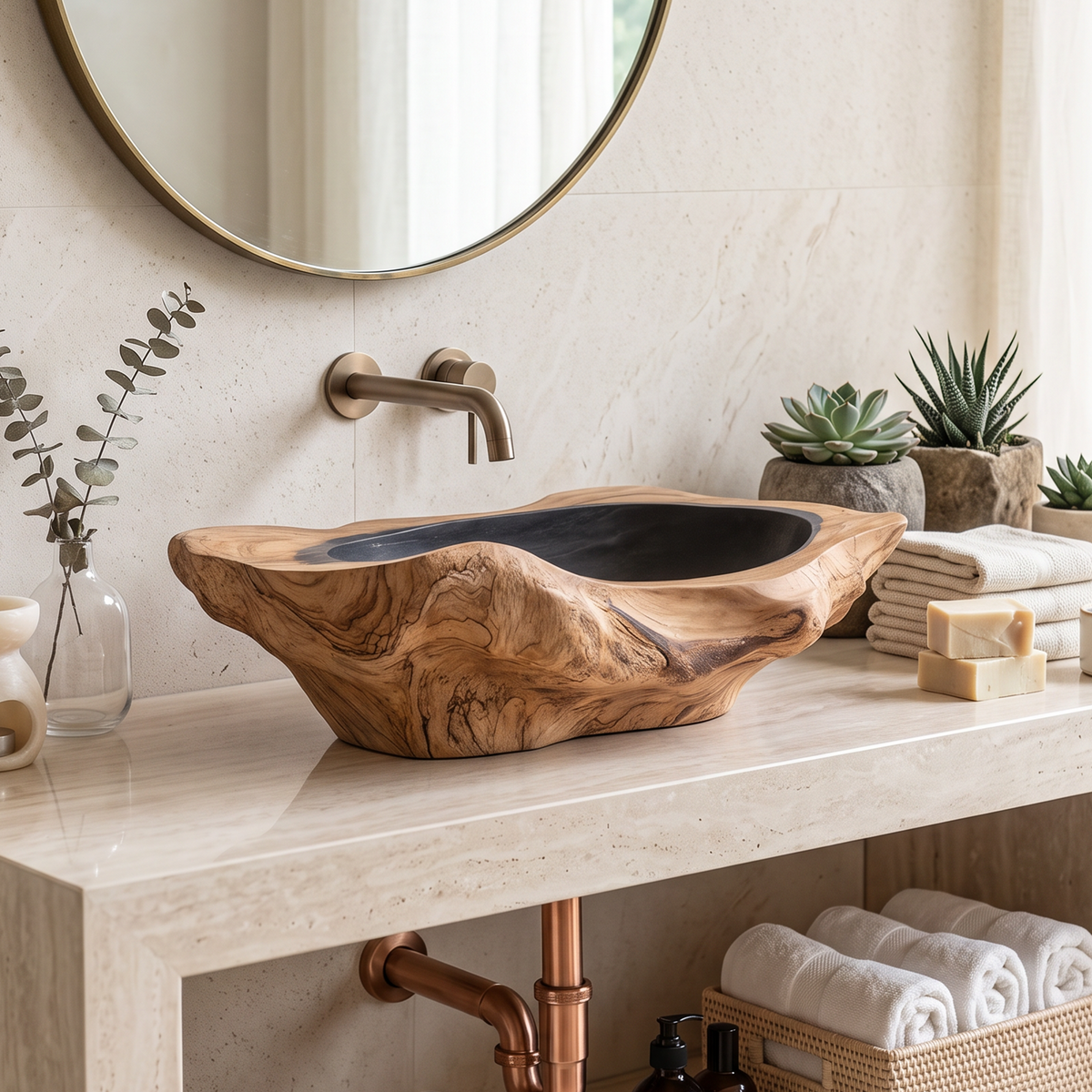 Handcrafted Solid Wood Sink, Live Edge Wooden Vessel Wash Basin Bowl with Natural Wood Grain Texture for Farmhouse Bathroom Vanity, SILDTTNVS016
