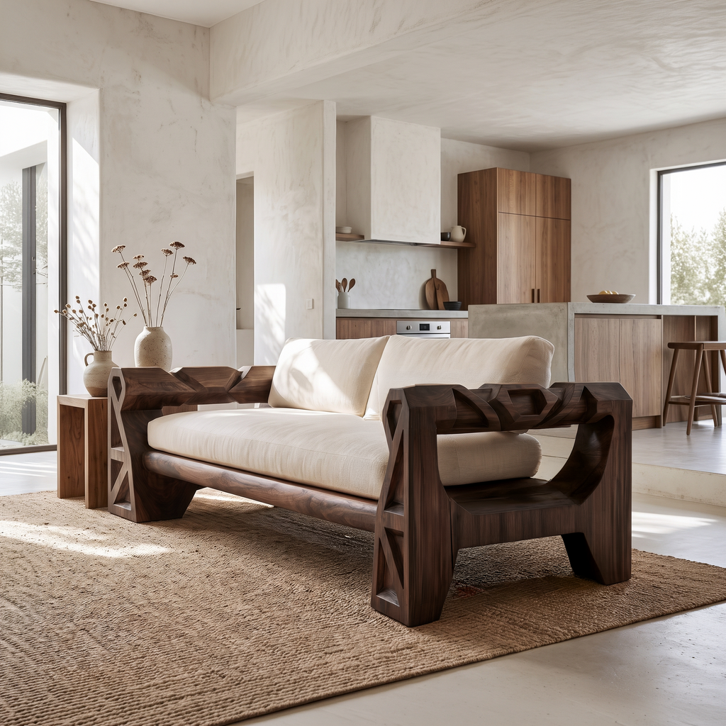 Handcrafted Sofa Frame With Sculptural Wood Armrests For Living Room SINLSASF055