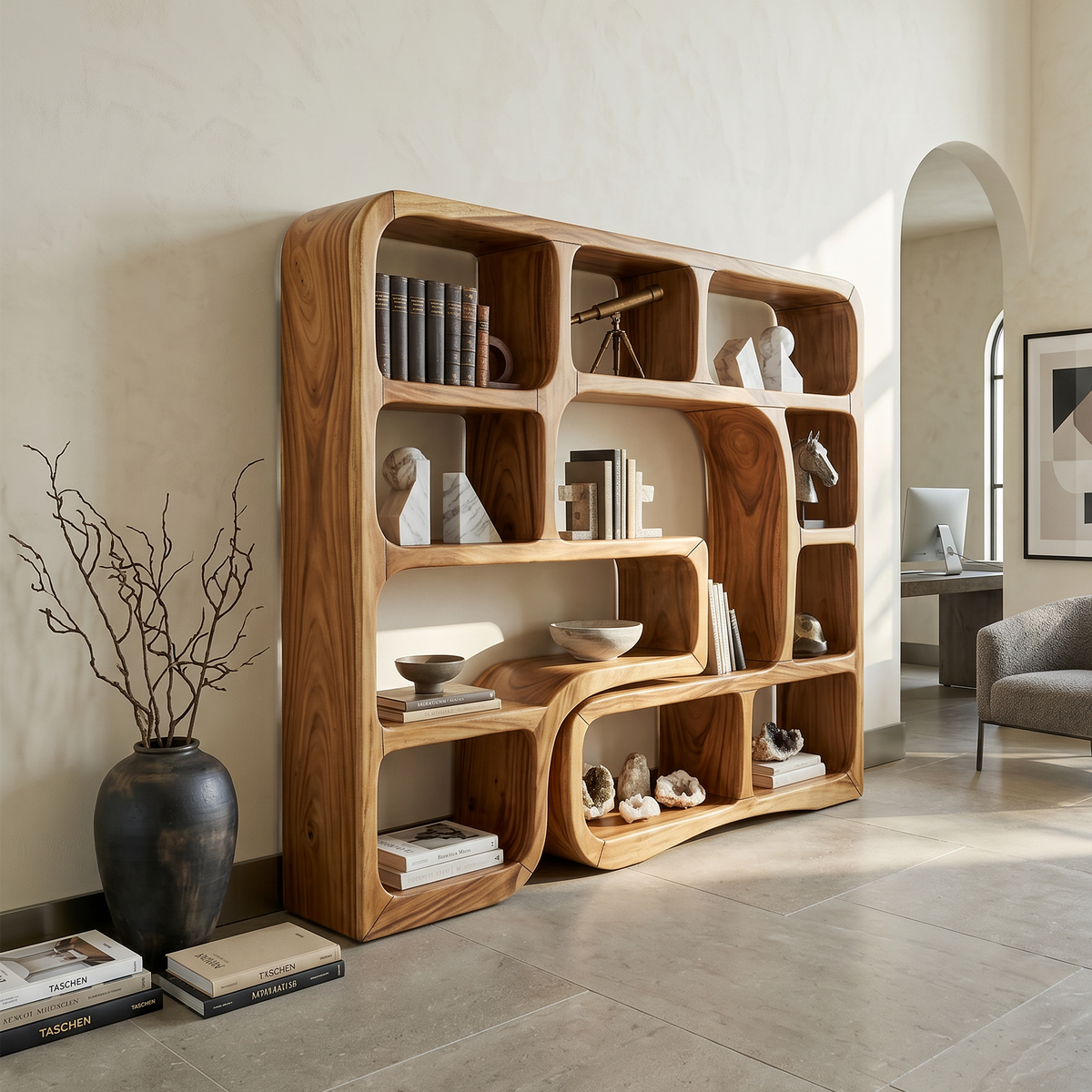 Luxury Wooden Bookcase With Organic Wave Design SILDTTRBS033