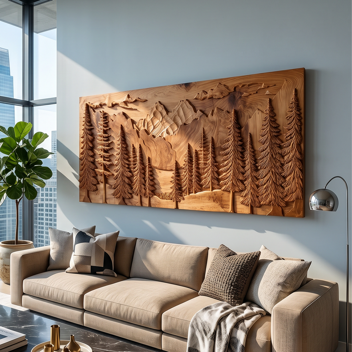 Luxury Carved Pine Forest Wood Wall Art, 3D Handcrafted Woodland Tree Nature Landscape Panel for Cabin Lodge Living Room Decor, SILDTTRWA107