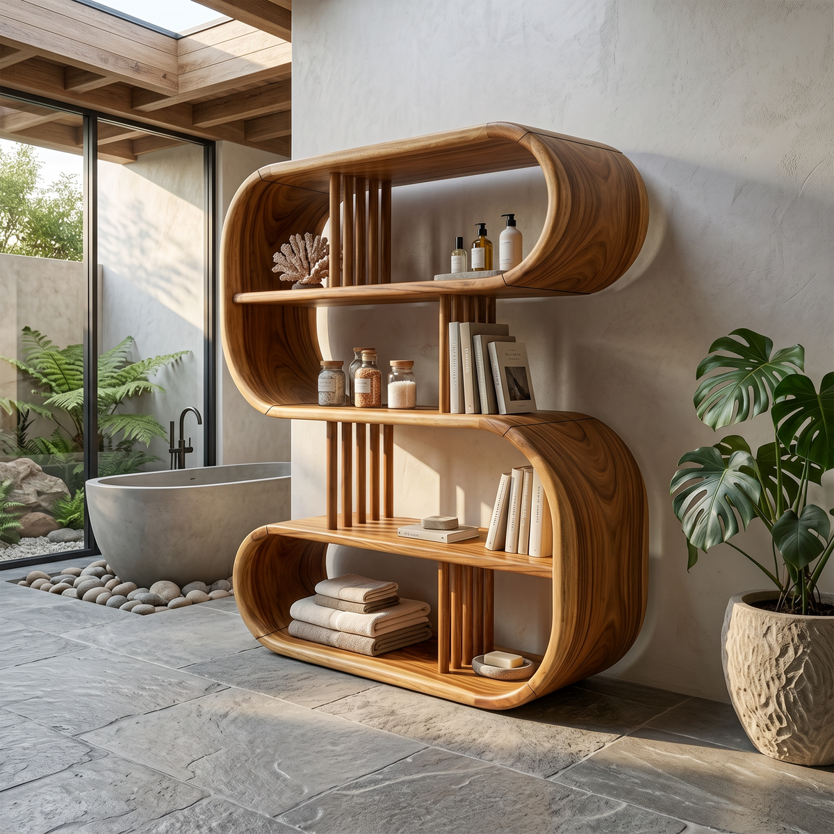 Elegant Curved Wooden Bathroom Shelf With Spa Inspired Design SILDTTRBS058
