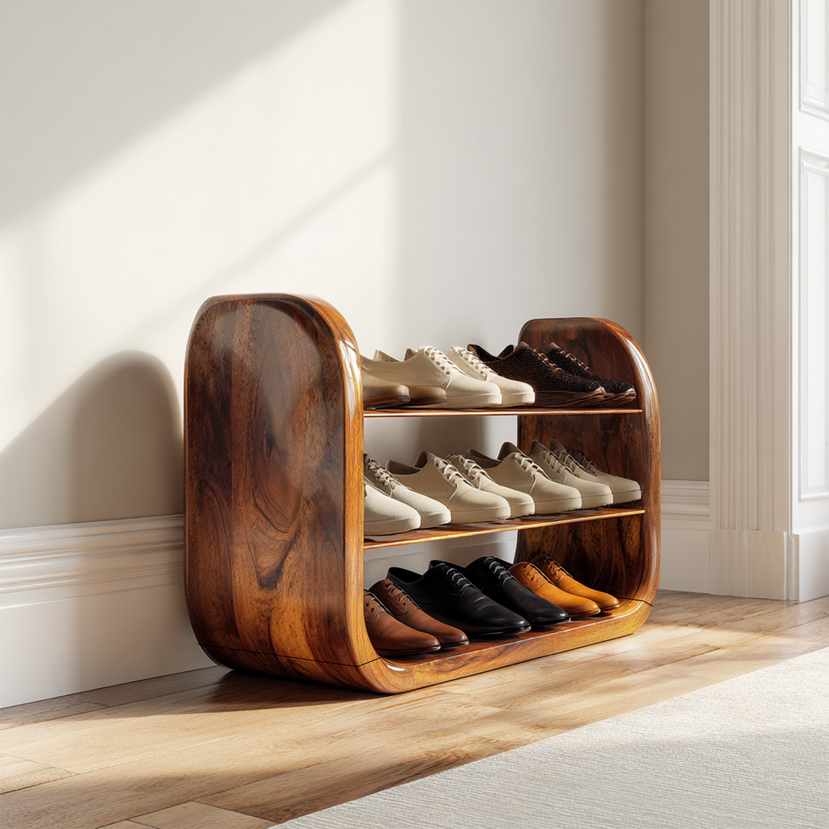 Japandi Vertical Wooden Shoe Storage Rack, Slim Space Saving Wood Shoe Organizer Stand for Entryway Nook & Hallway Placement, SILDTTRSHB023