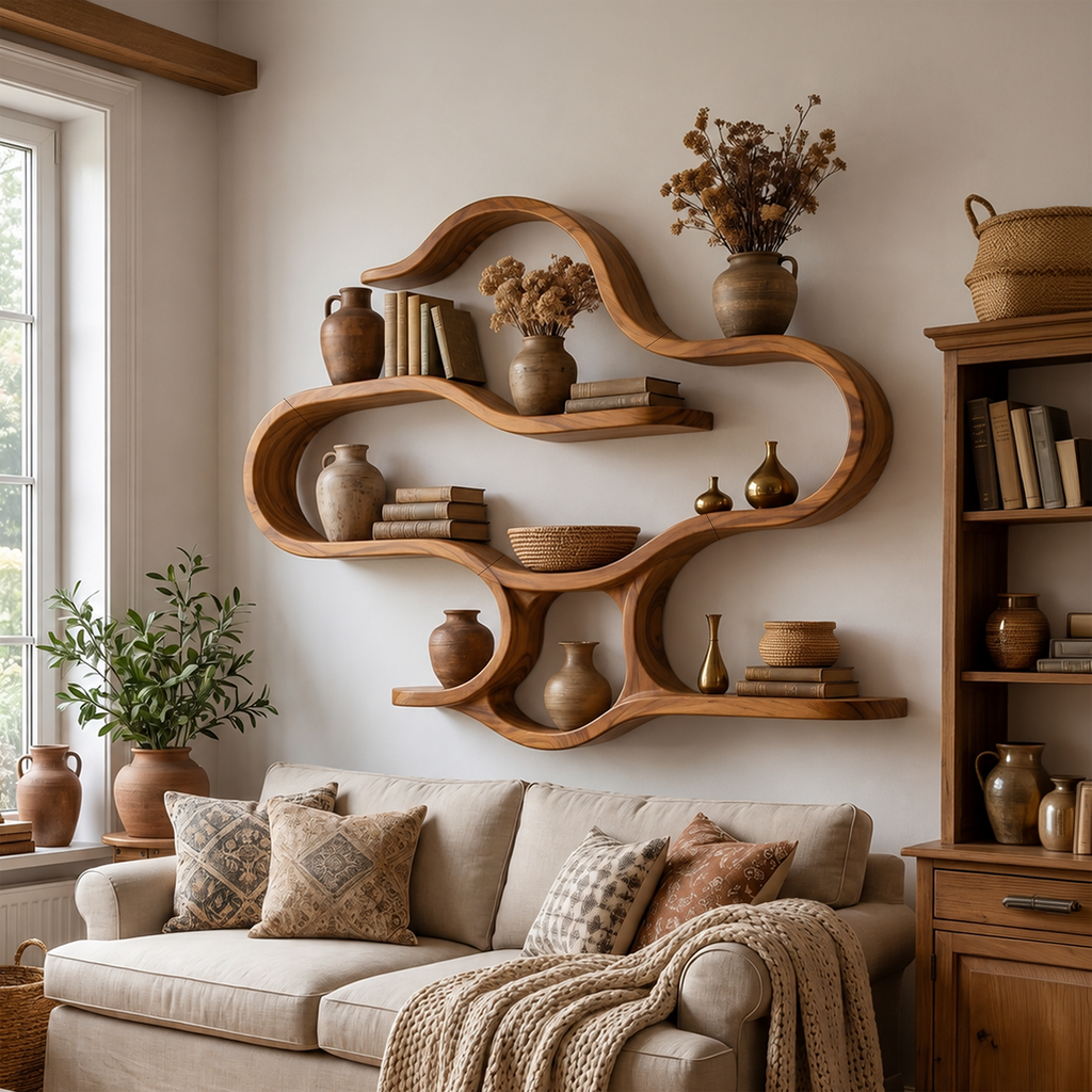 Boho Wooden Wall Mounted Display Shelves for Living Room SILDTTRWMS039