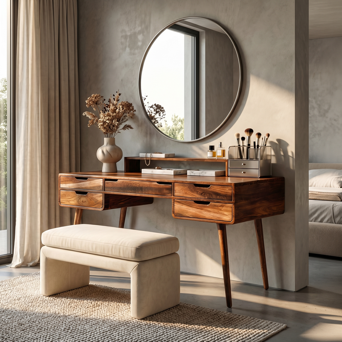 Classic Wooden Makeup Vanity Desk, Handcrafted Dressing Table with Storage Drawers for Bedroom Beauty Area & Dressing Room, SILDTTRMV024