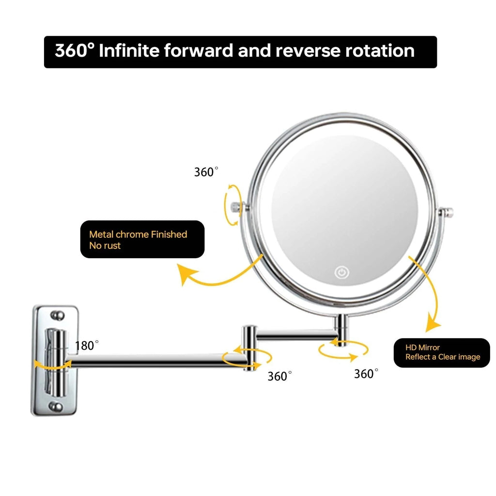 8 Inch Round Wall-Mounted Makeup Mirror, Rechargeable, 1X/10X Magnification, 3-Color LED Lights