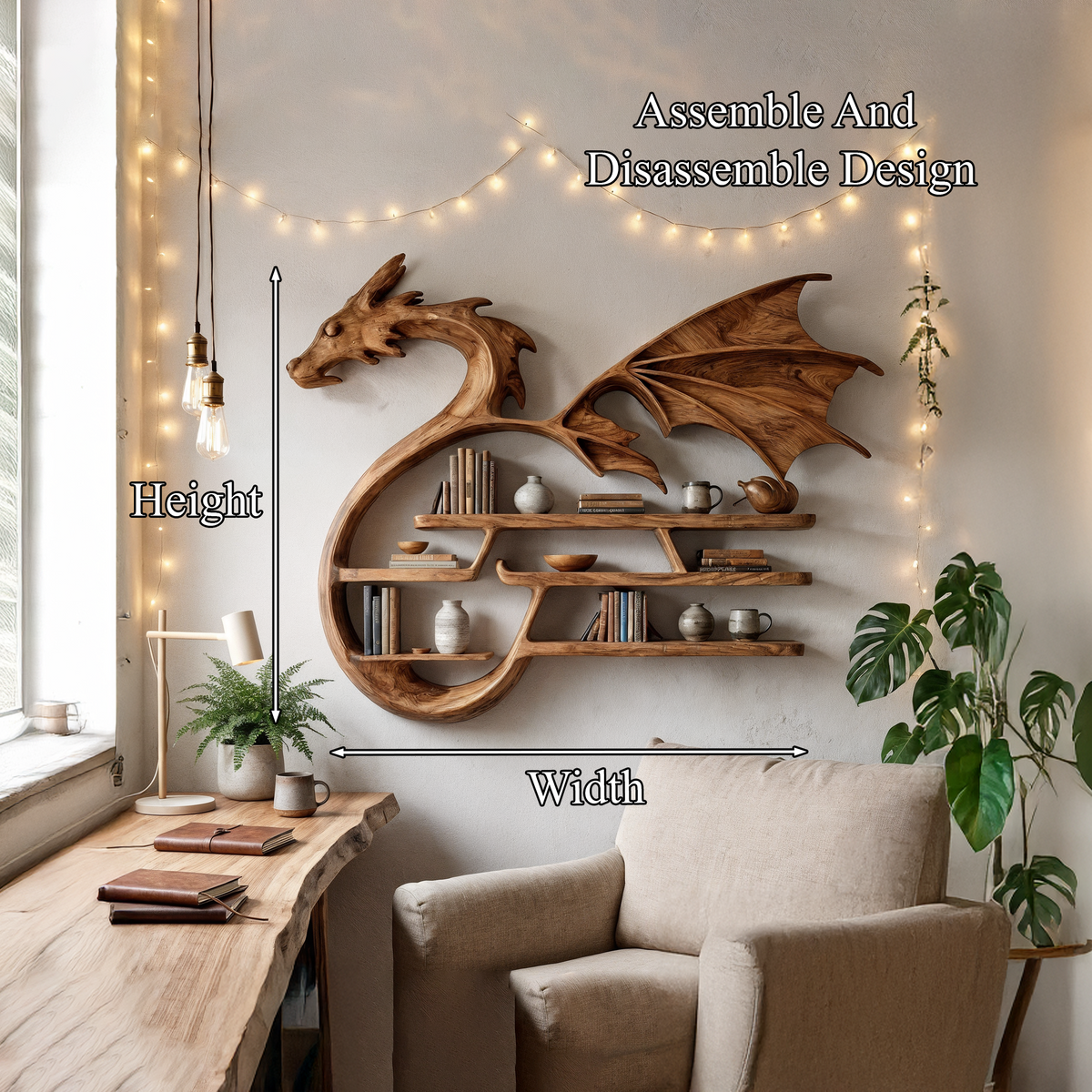 Medieval Dragon Wall Shelf With Sculptural Wooden Display Storage For Living Room SINLHABS044