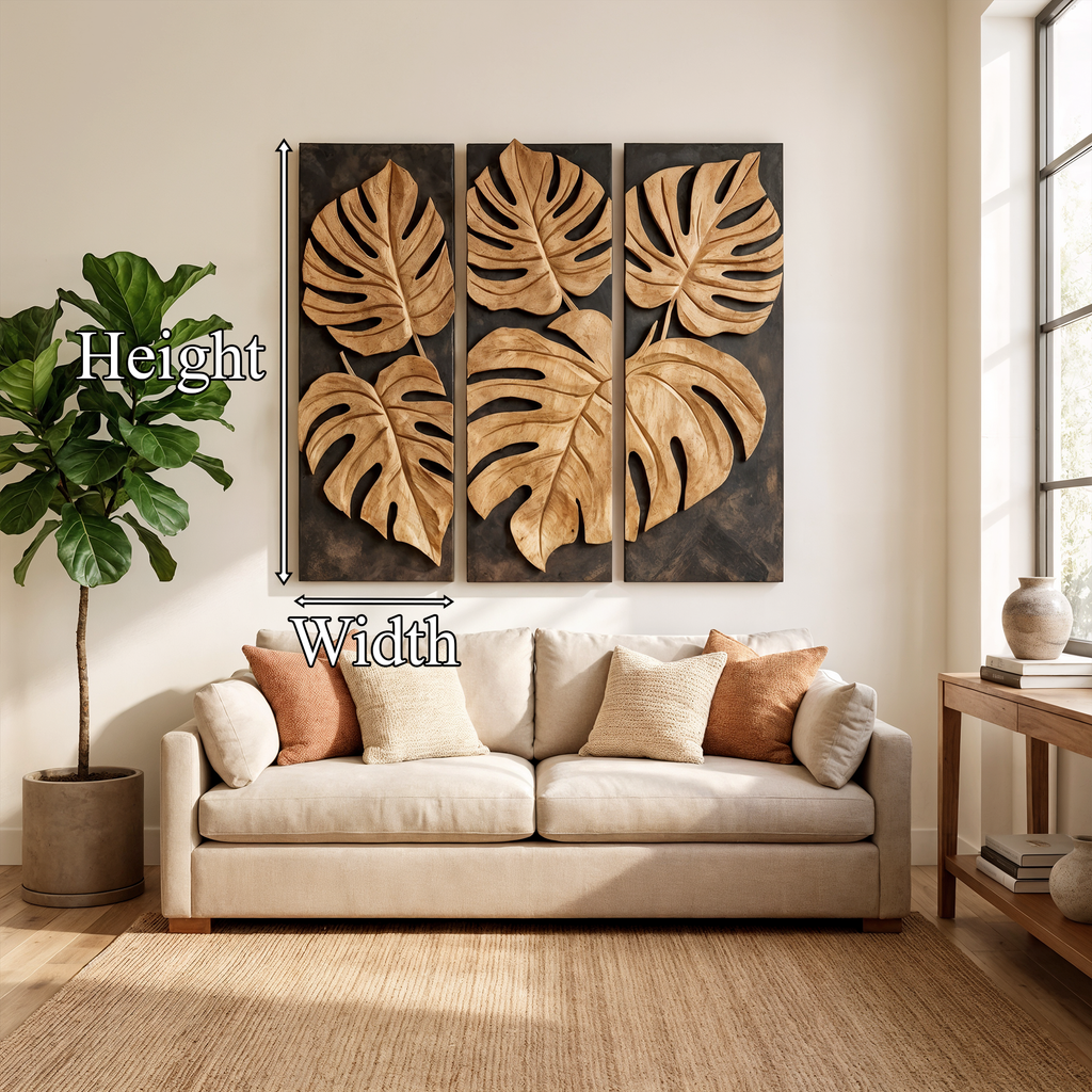 Carved Monstera Leaf Solid Wood Wall Art Triptych Statement Decor SINLKIWD023