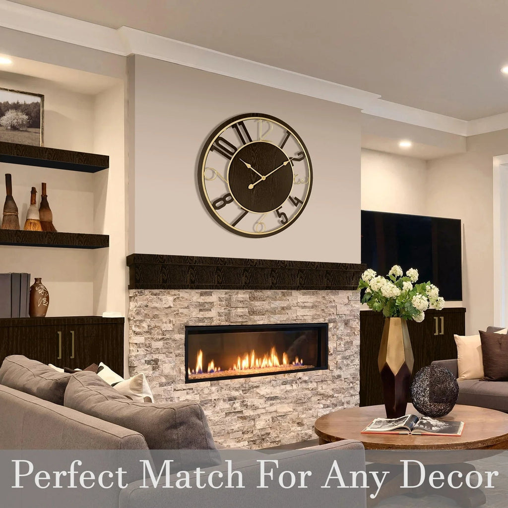 24 Inch Round Wooden Wall Clock With Numeral Design - Battery Operated