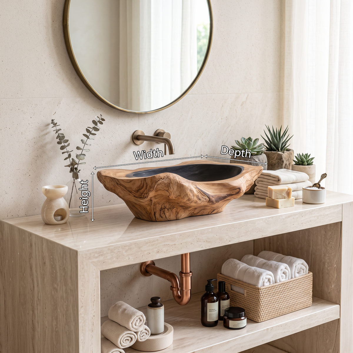 Handcrafted Solid Wood Sink, Live Edge Wooden Vessel Wash Basin Bowl with Natural Wood Grain Texture for Farmhouse Bathroom Vanity, SILDTTNVS016