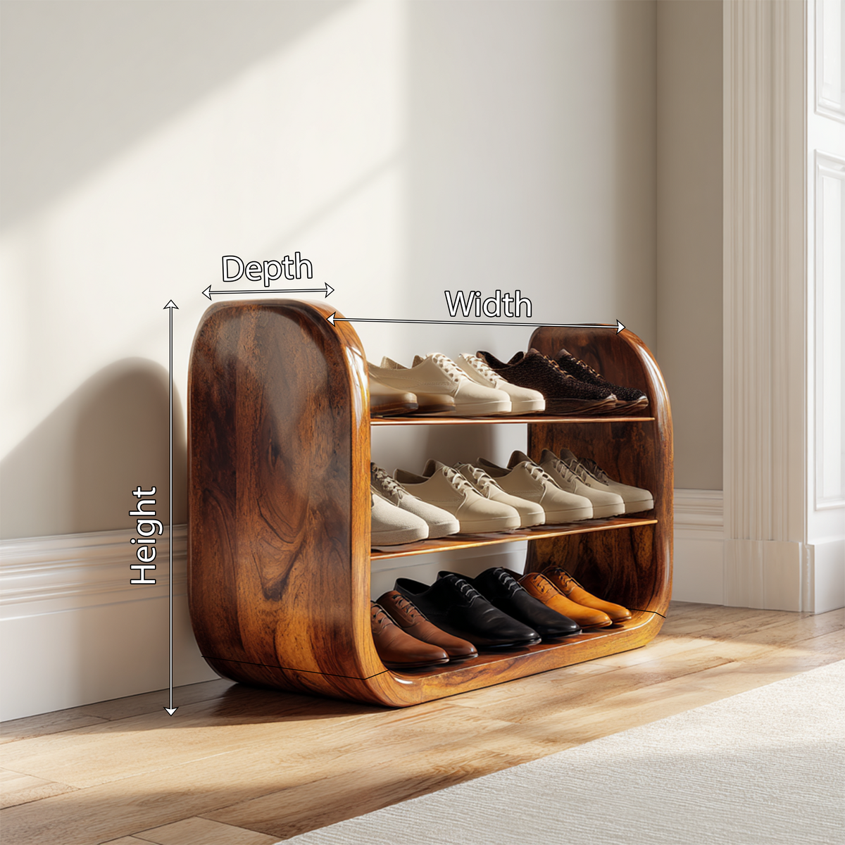 Japandi Vertical Wooden Shoe Storage Rack, Slim Space Saving Wood Shoe Organizer Stand for Entryway Nook & Hallway Placement, SILDTTRSHB023