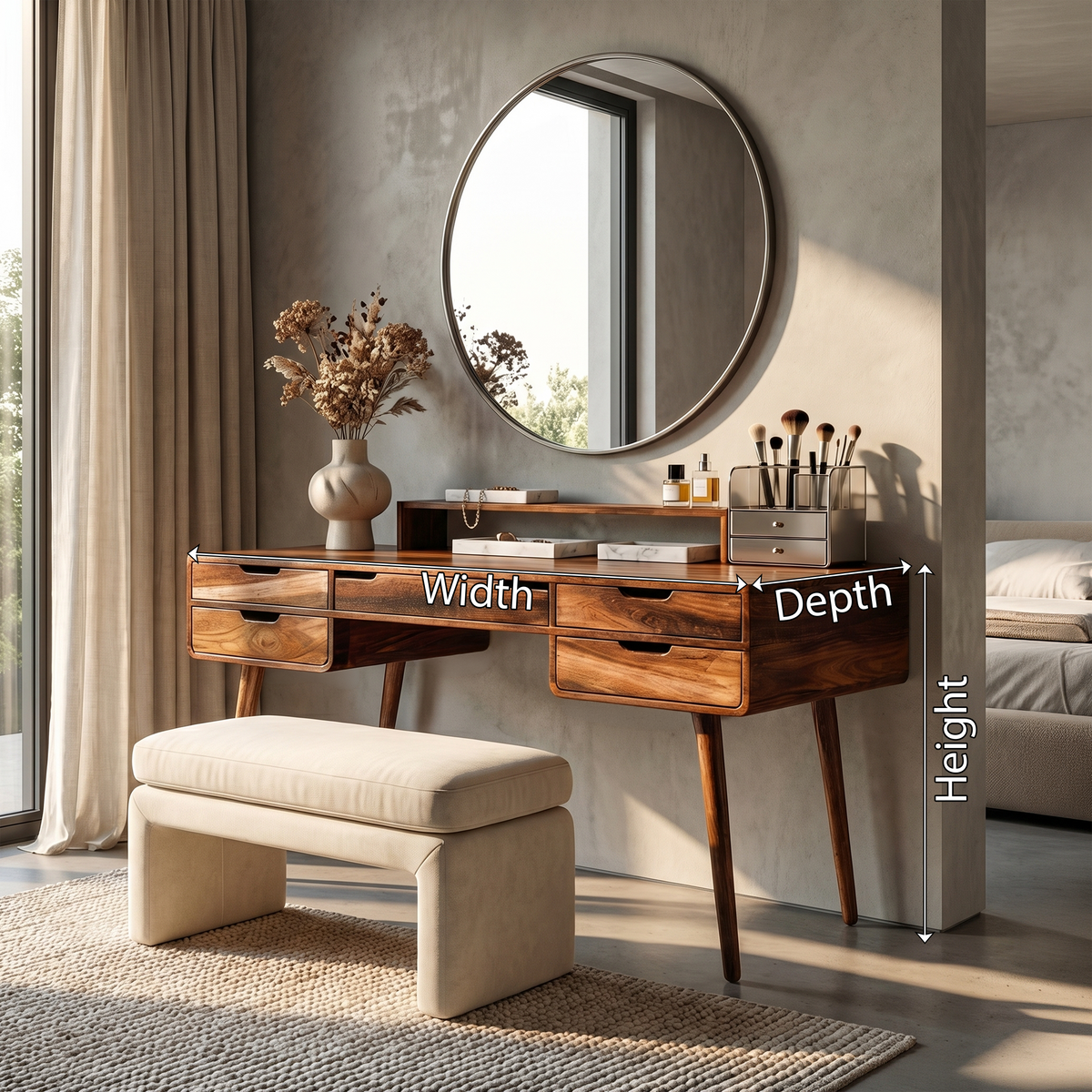 Classic Wooden Makeup Vanity Desk, Handcrafted Dressing Table with Storage Drawers for Bedroom Beauty Area & Dressing Room, SILDTTRMV024