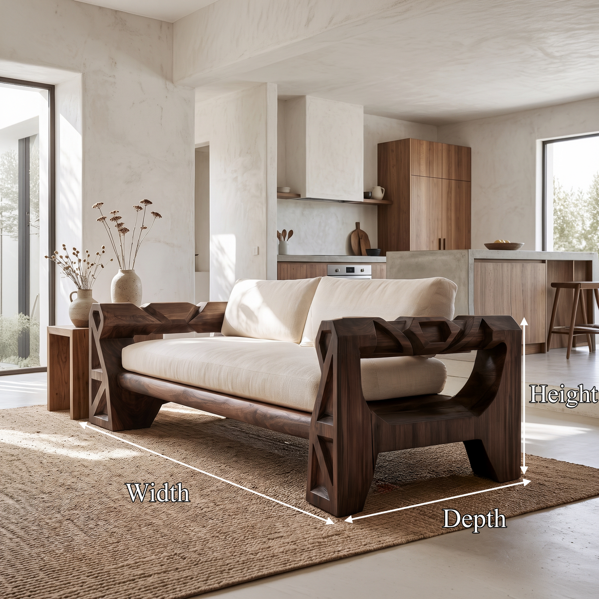 Handcrafted Sofa Frame With Sculptural Wood Armrests For Living Room SINLSASF055