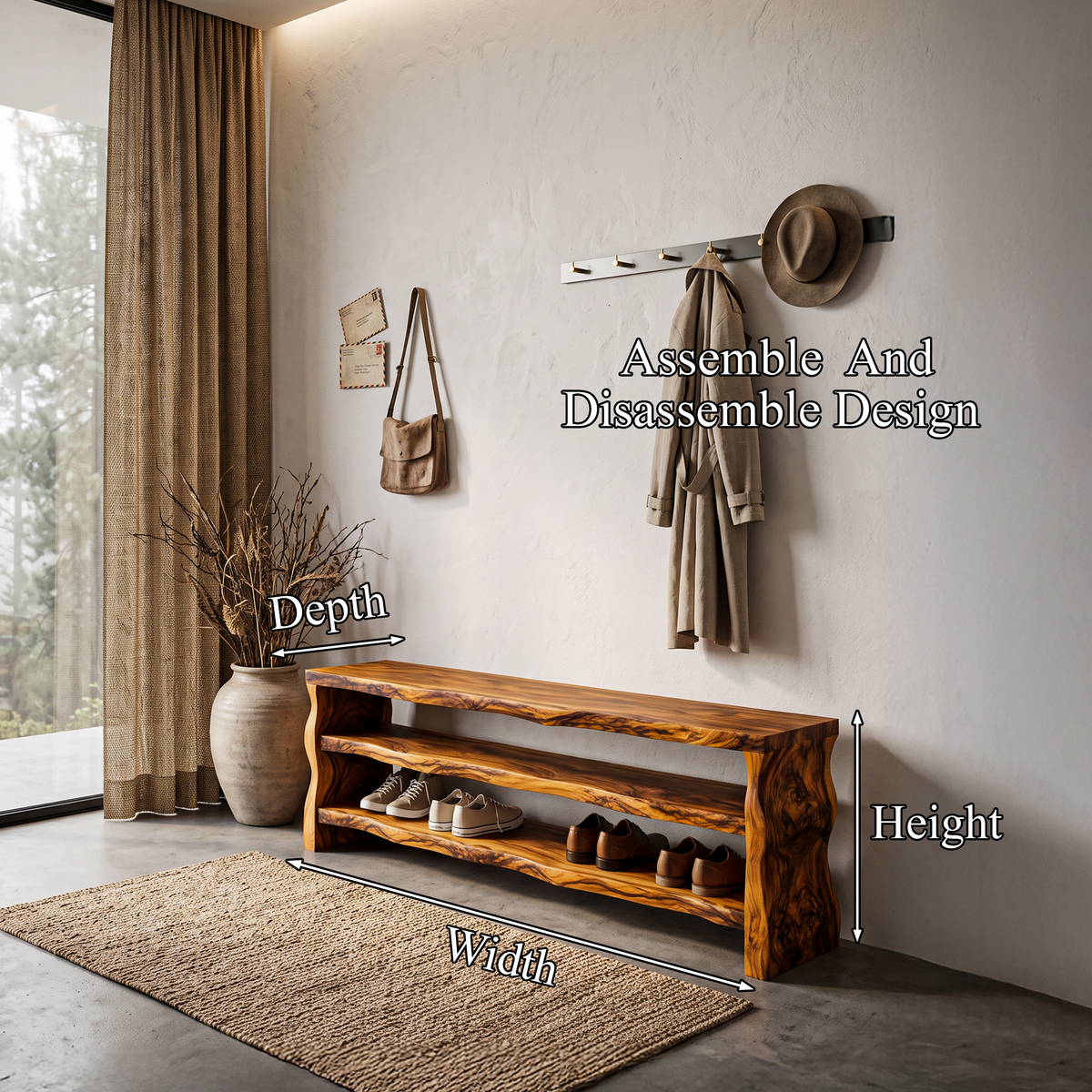 Live Edge Shoe Bench Open Storage Organizer For Entryway Hallway SINLHASHB104