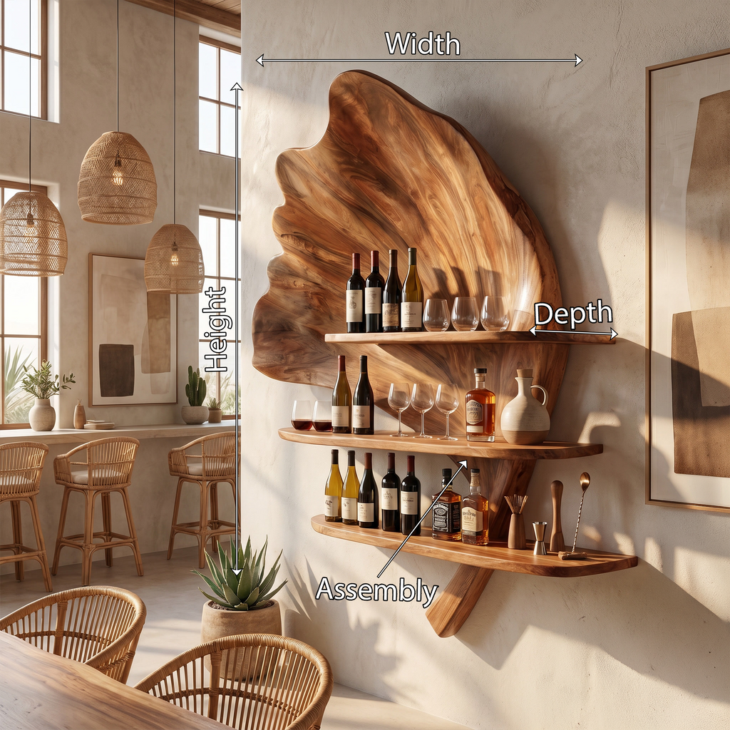 Boho Wall Mounted Wine Rack, Rustic Solid Wooden Wine Bottle and Glass Stemware Holder Display Stand for Kitchen & Apartment Bar, SILDTTRWH076