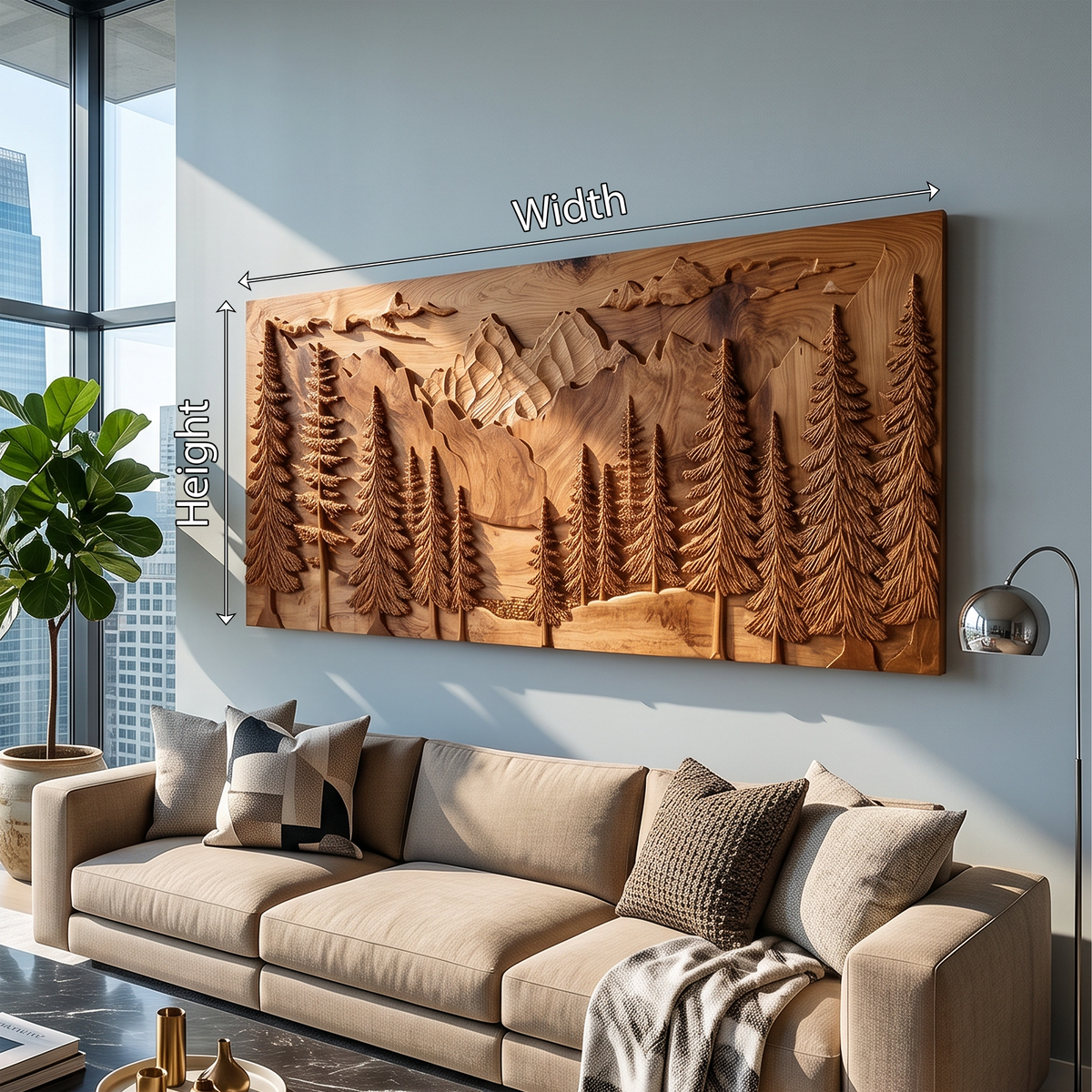 Luxury Carved Pine Forest Wood Wall Art, 3D Handcrafted Woodland Tree Nature Landscape Panel for Cabin Lodge Living Room Decor, SILDTTRWA107