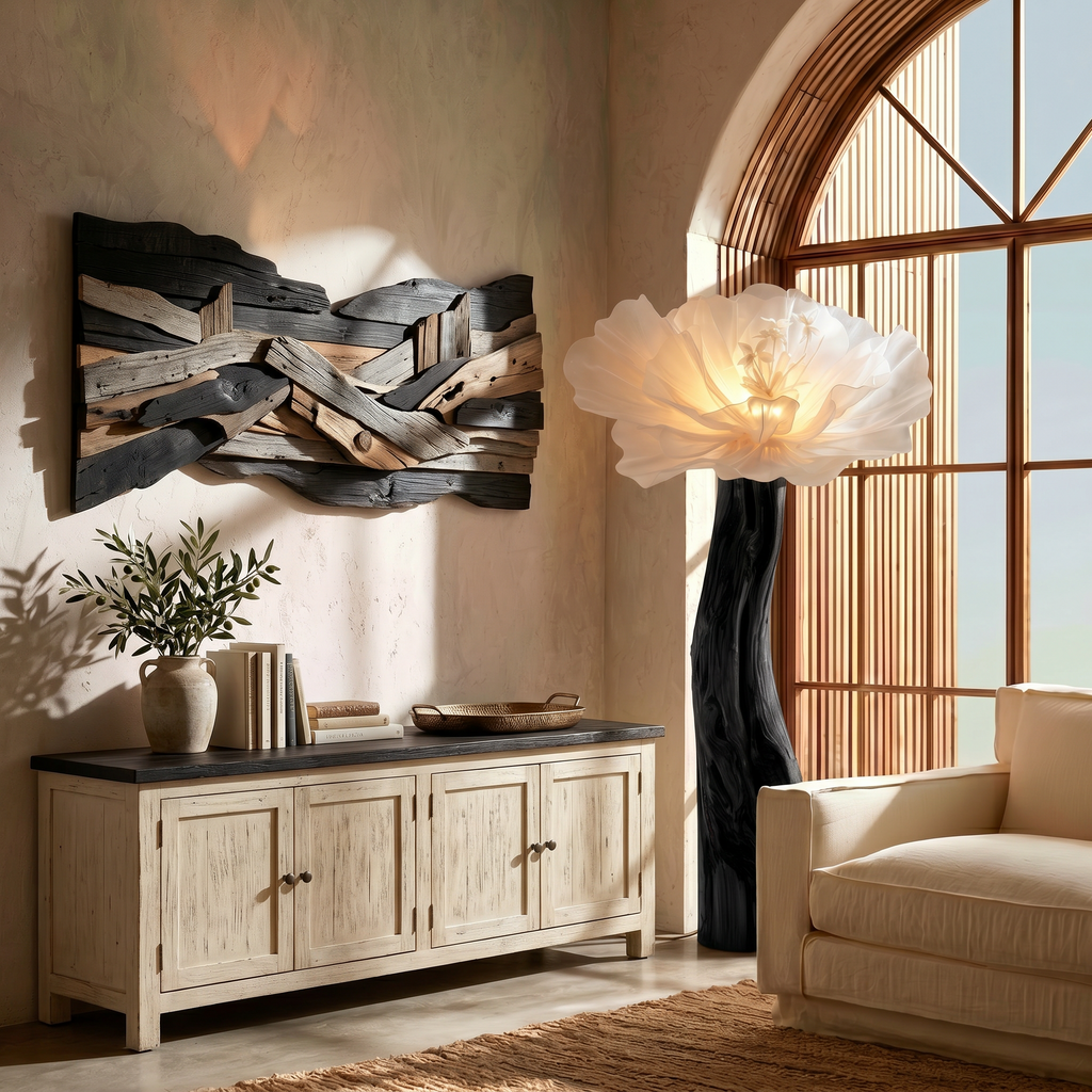 Artistic Flower Floor Lamp Sculptural Wood Base For Living Room SINLSAFLP116