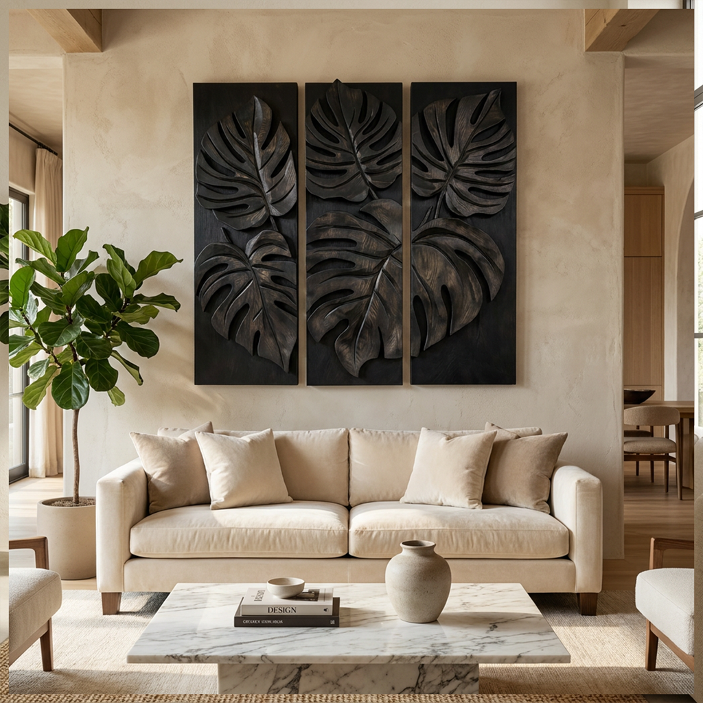 Carved Monstera Leaf Solid Wood Wall Art Triptych Statement Decor SINLKIWD023