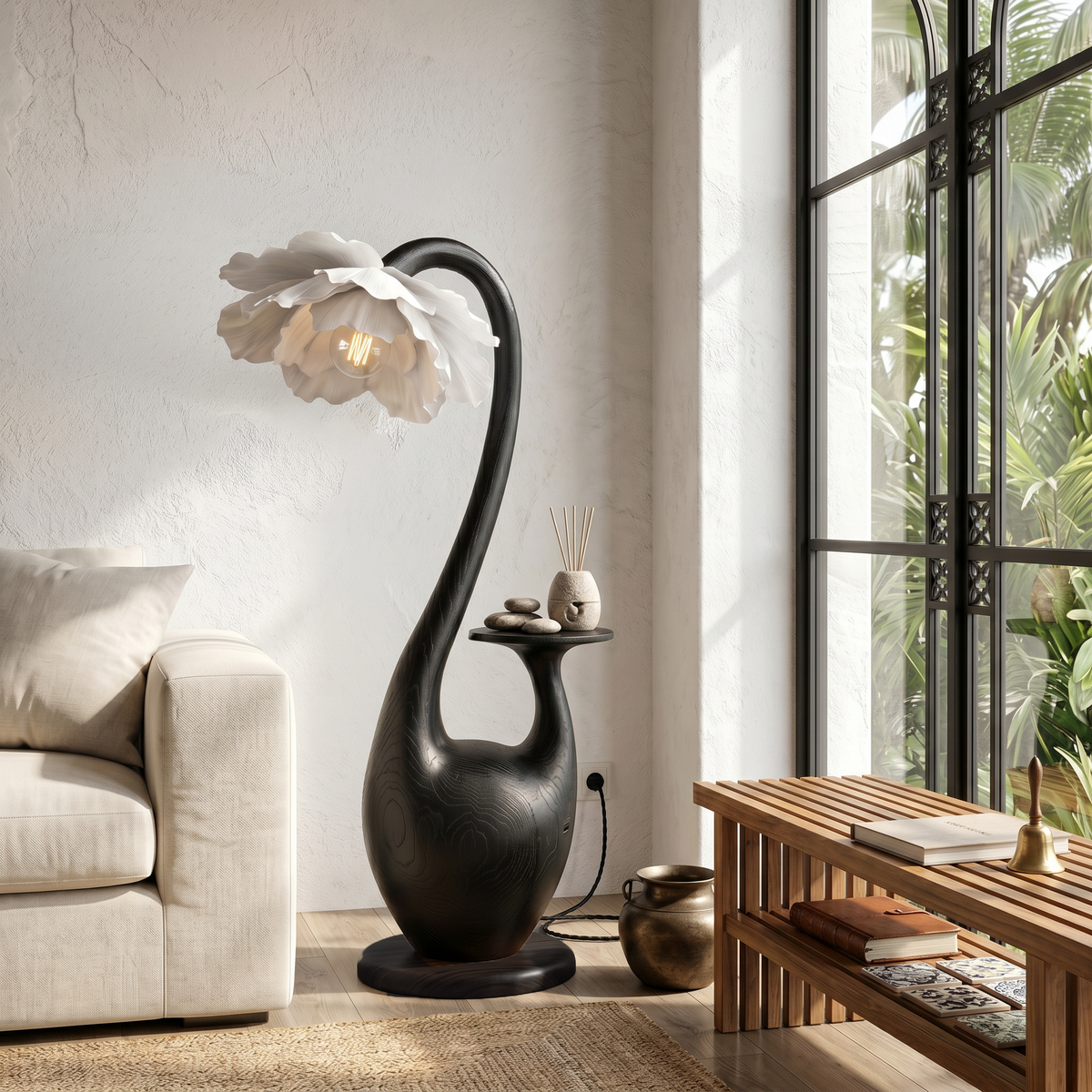 Artistic Floor Lamp With Sculptural Organic Base And Integrated Shelf For Reading Nook SINLSAFLP130