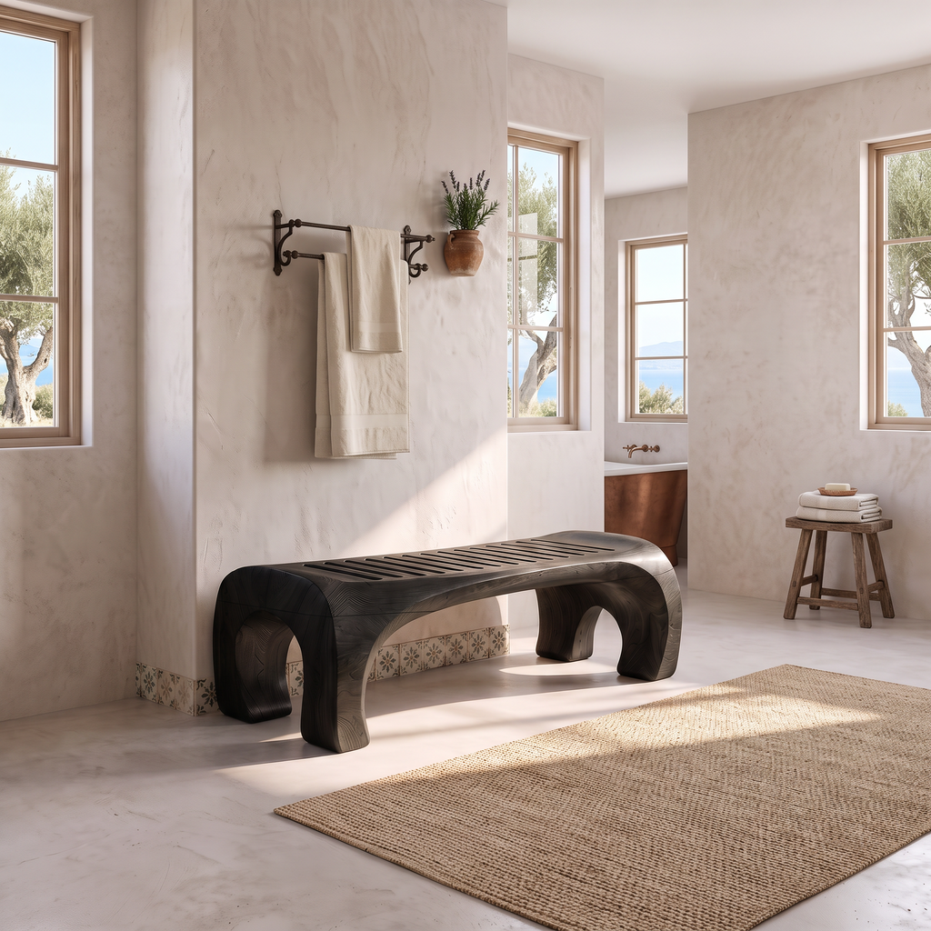 Japandi Bath Bench With Slatted Seat And Balanced Minimal Form SINLSASB008