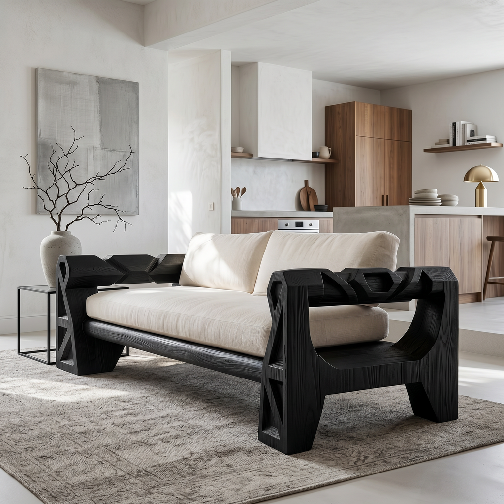 Handcrafted Sofa Frame With Sculptural Wood Armrests For Living Room SINLSASF055