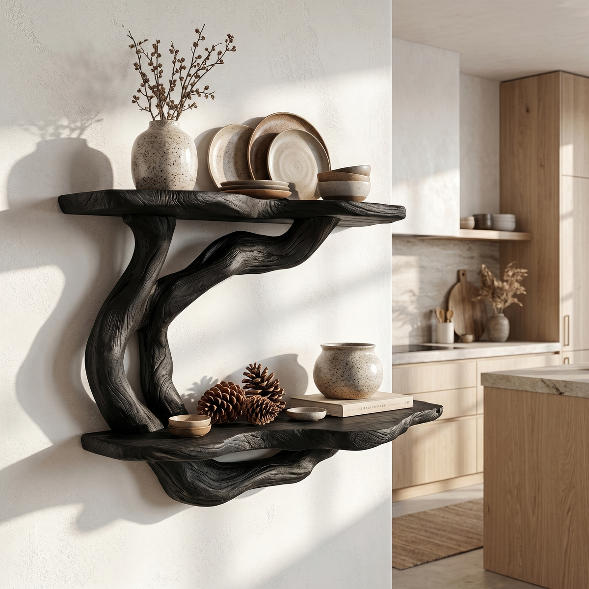 Handcrafted Floating Shelf With Sculptural Tree Form For Living Room Decor SINLHAFL555