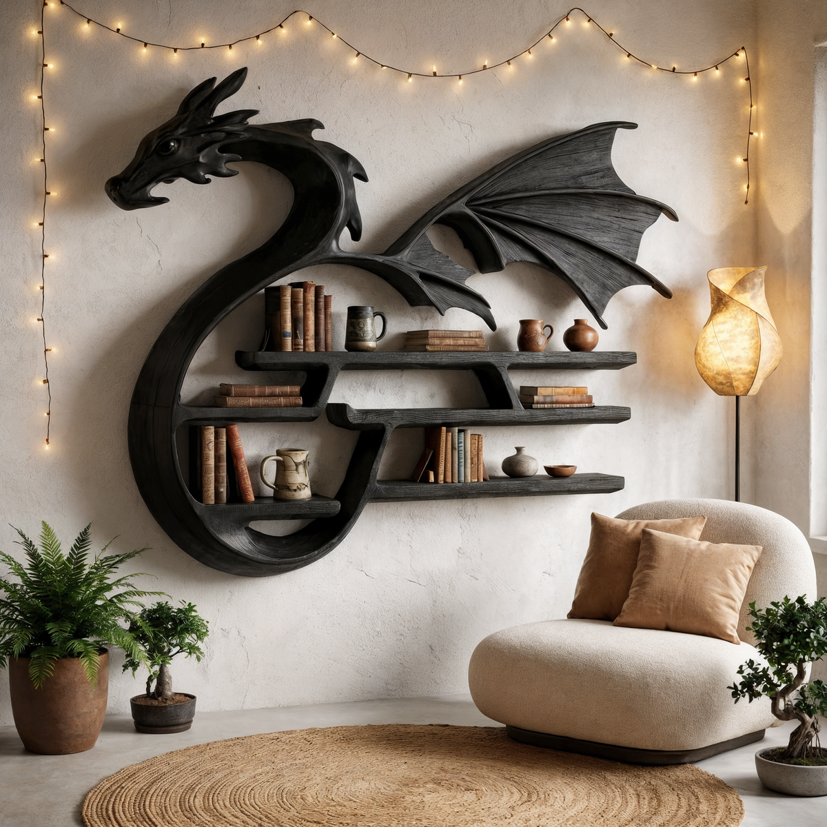 Medieval Dragon Wall Shelf With Sculptural Wooden Display Storage For Living Room SINLHABS044