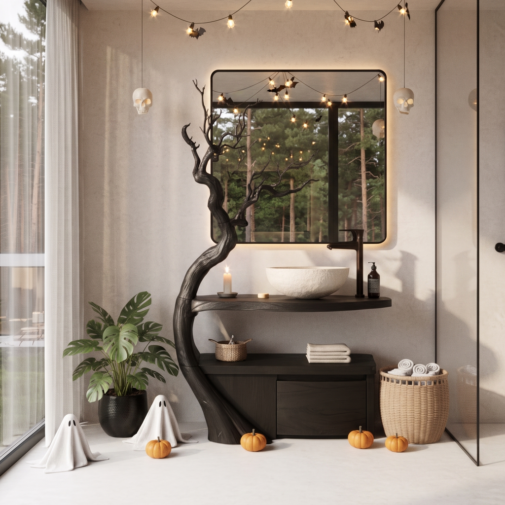 Gothic Halloween Bathroom Vanity With Haunted Tree Branch Design For Bathroom SINLHABRV344