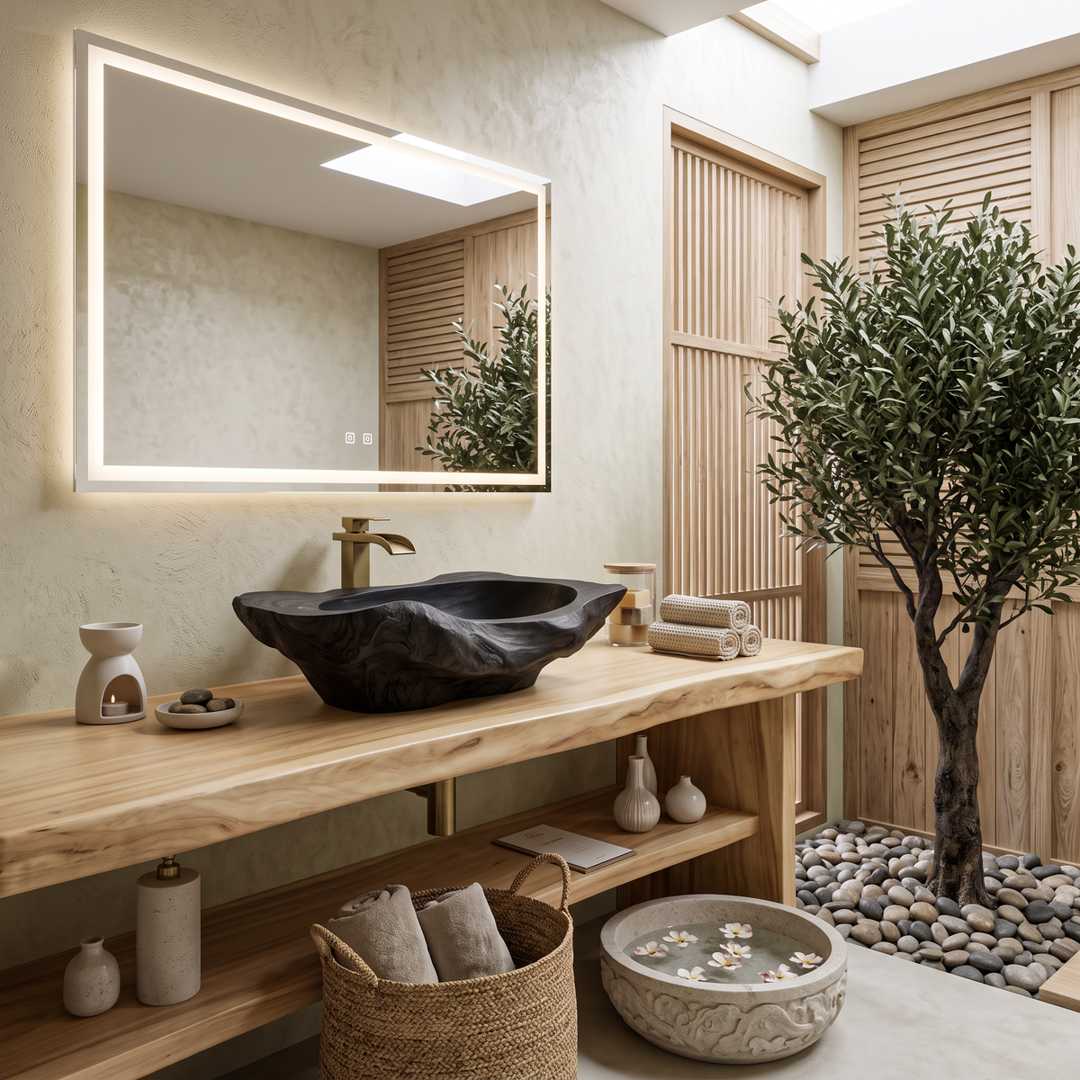 Handcrafted Solid Wood Sink, Live Edge Wooden Vessel Wash Basin Bowl with Natural Wood Grain Texture for Farmhouse Bathroom Vanity, SILDTTNVS016