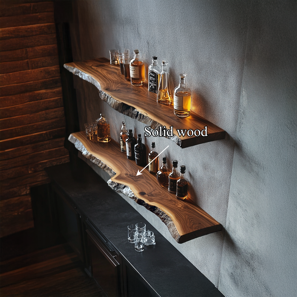 Handcrafted Live Edge Bar Shelf Solid Wood Dining Room Interior Storage SINLSAFL423