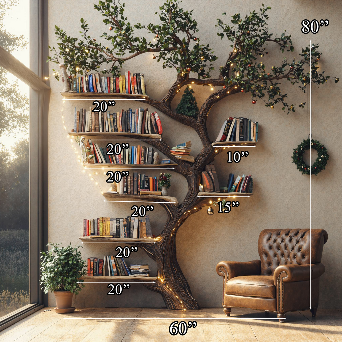 Black Tree Branch Bookshelf Wall Mount Mid Century SINLTB079