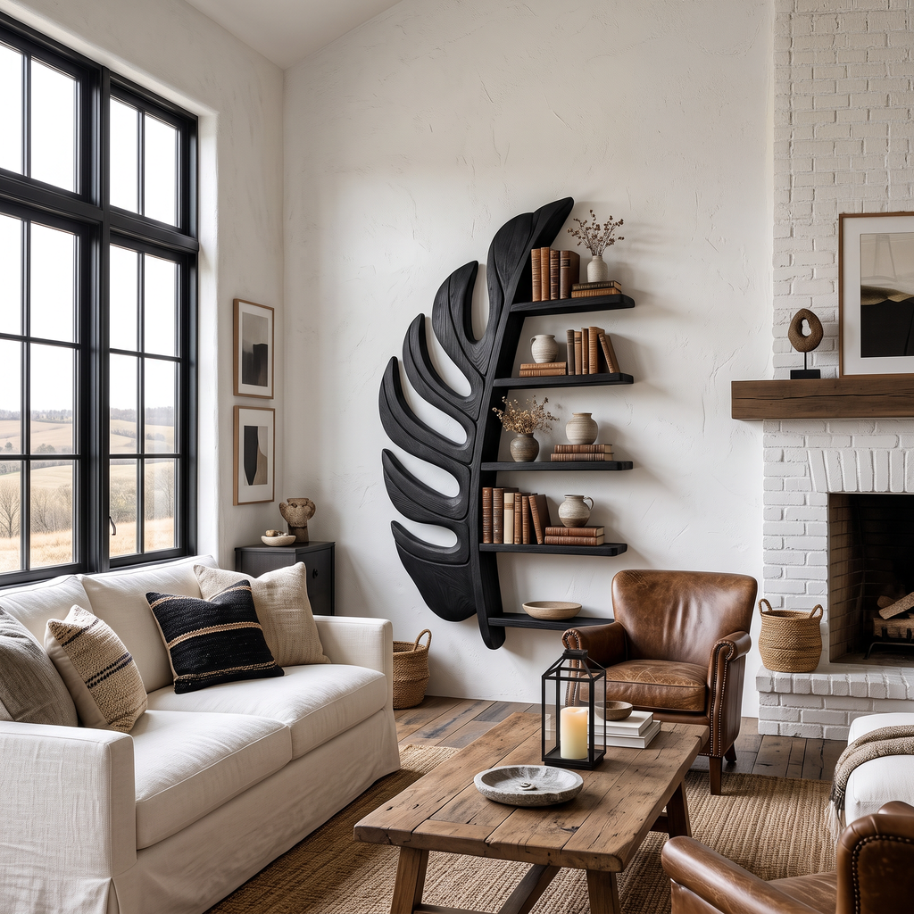 Artistic Wooden Leaf Statement Wall Bookshelf For Elegant Interiors RTTHTTBS093