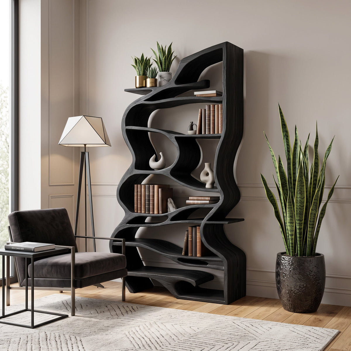 Handcrafted Sculpted Bookshelf With Organic Design For Living Room Or Office SITHHNBS031