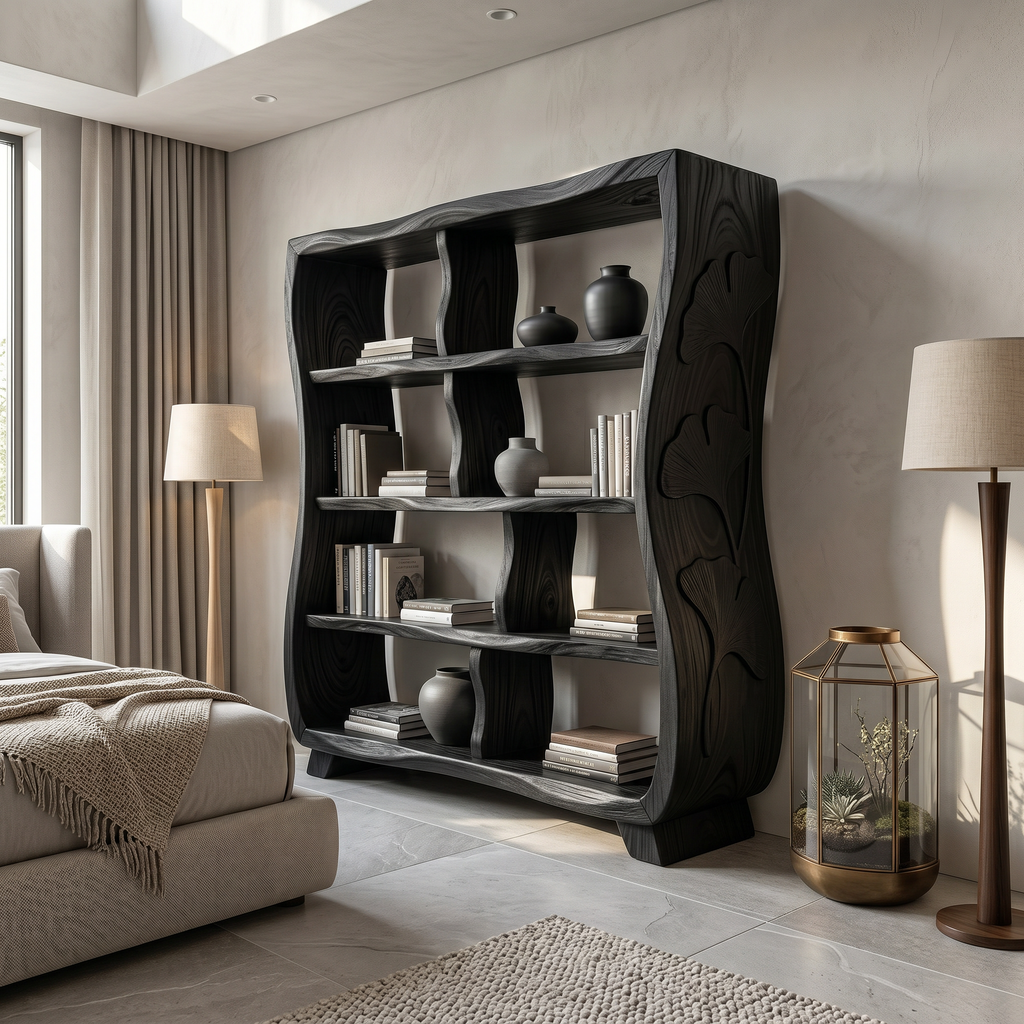 Handcrafted Wooden Bookshelf With Ginkgo Leaf Accents SILDTTRBS029