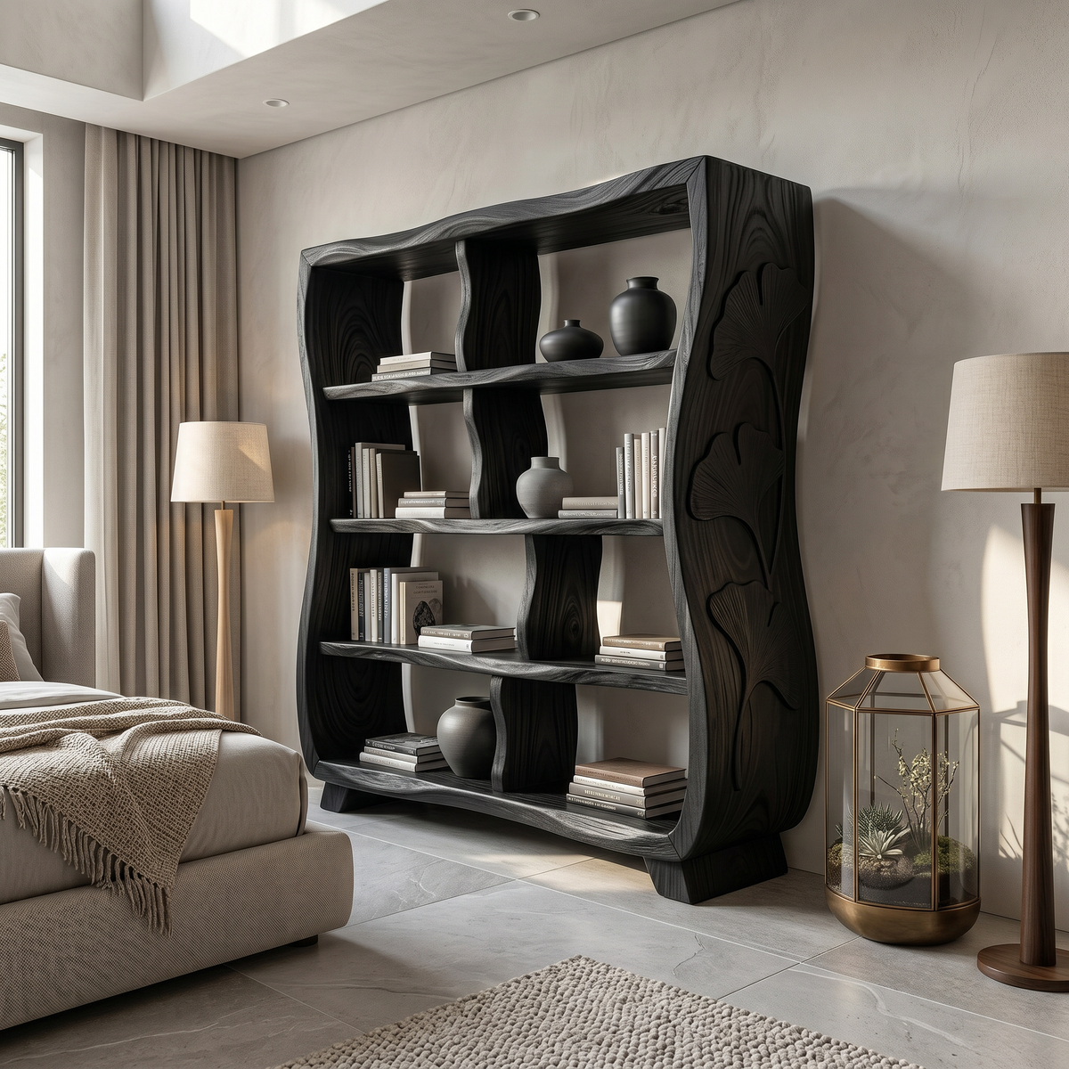 Handcrafted Wooden Bookshelf With Ginkgo Leaf Accents SILDTTRBS029