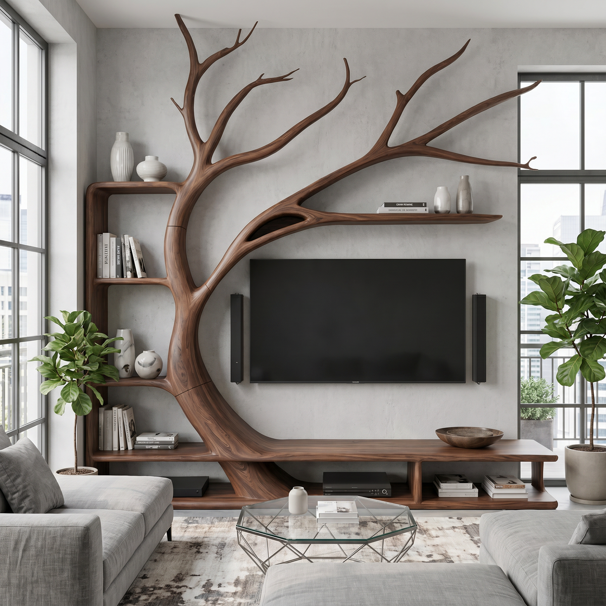 Handcrafted TV Cabinet With Artistic Tree Bookcase For Living Room SINLKITC084