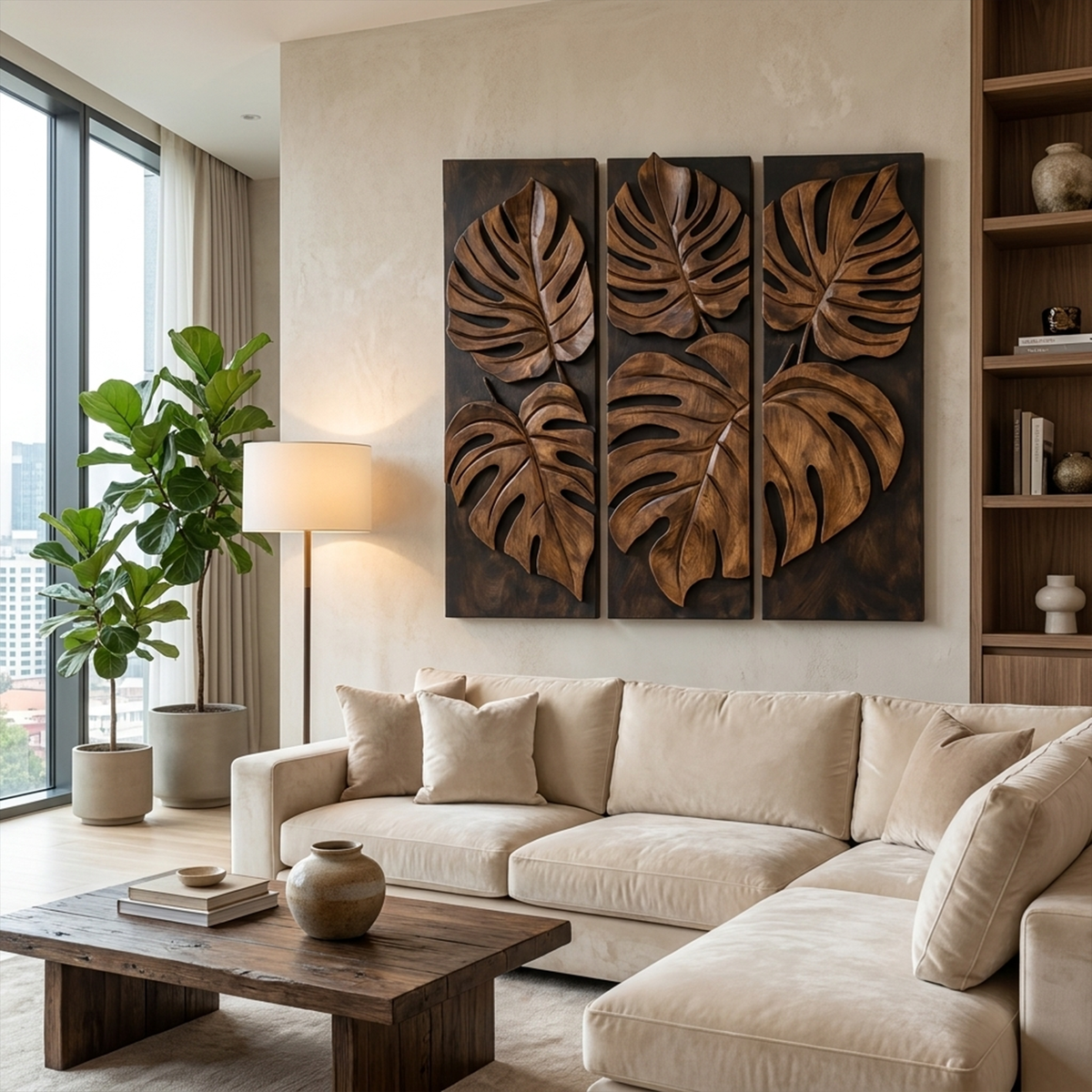 Carved Monstera Leaf Solid Wood Wall Art Triptych Statement Decor SINLKIWD023