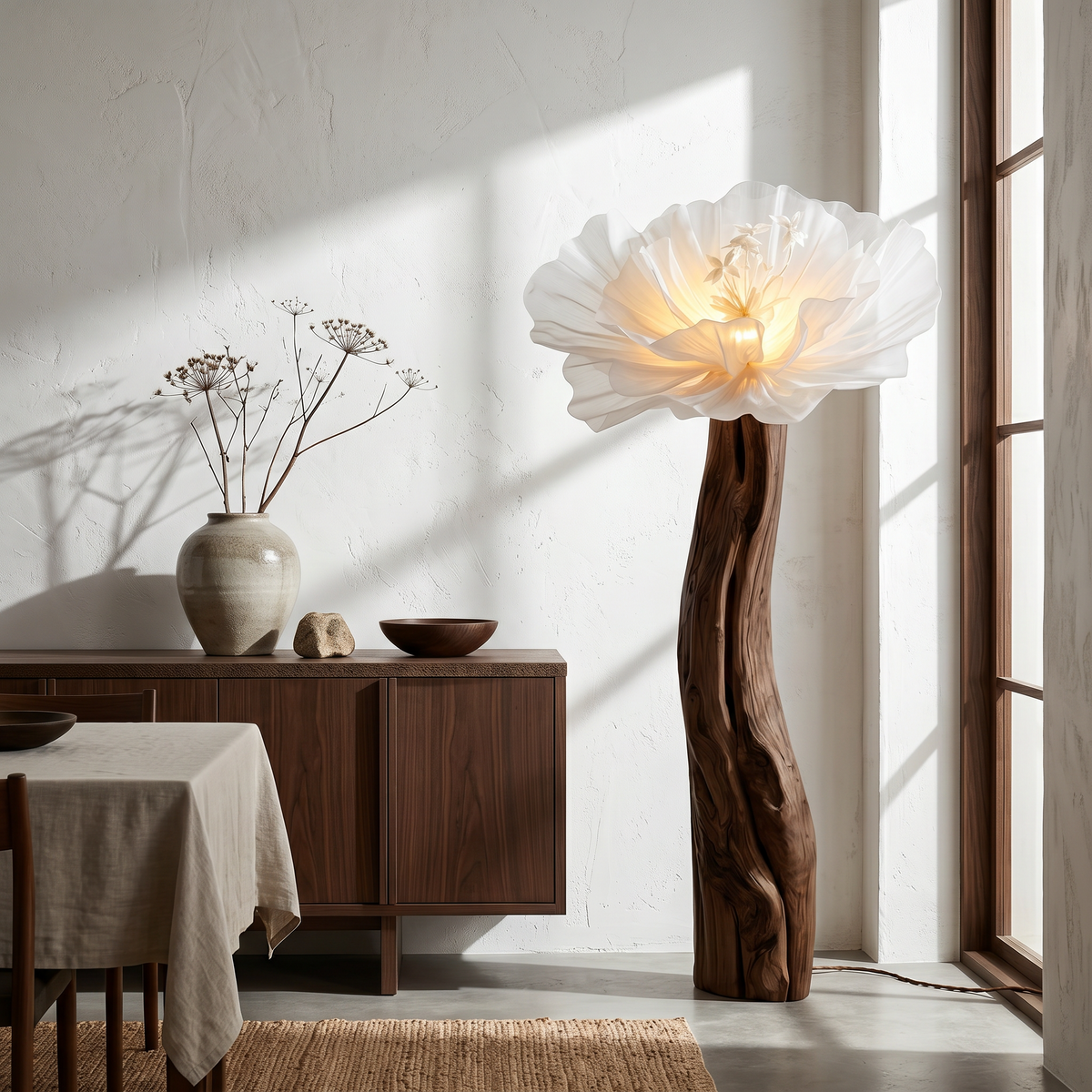 Artistic Flower Floor Lamp Sculptural Wood Base For Living Room SINLSAFLP116
