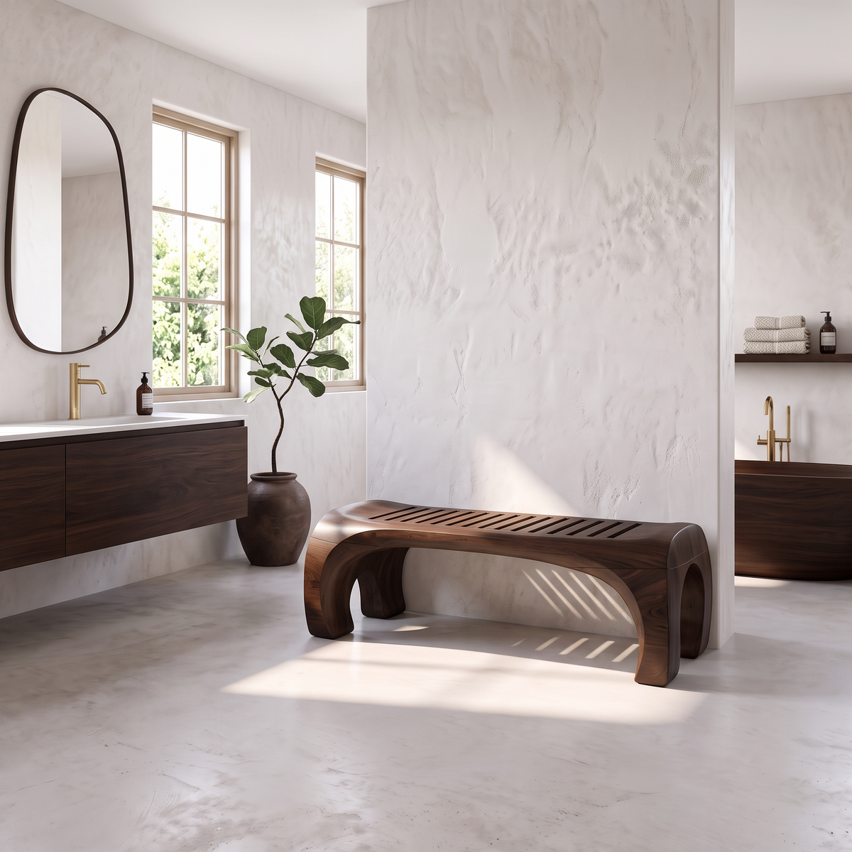 Japandi Bath Bench With Slatted Seat And Balanced Minimal Form SINLSASB008