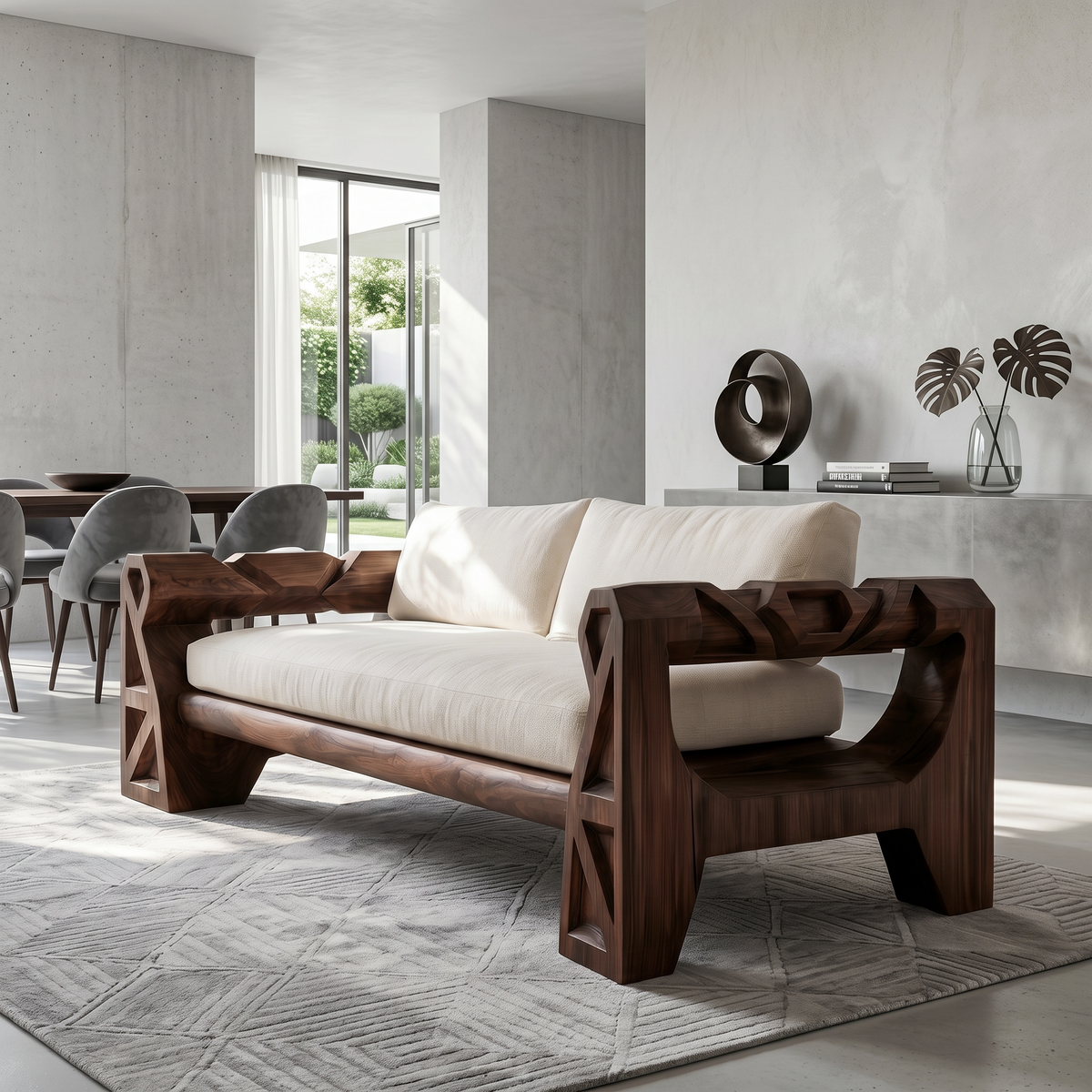 Handcrafted Sofa Frame With Sculptural Wood Armrests For Living Room SINLSASF055