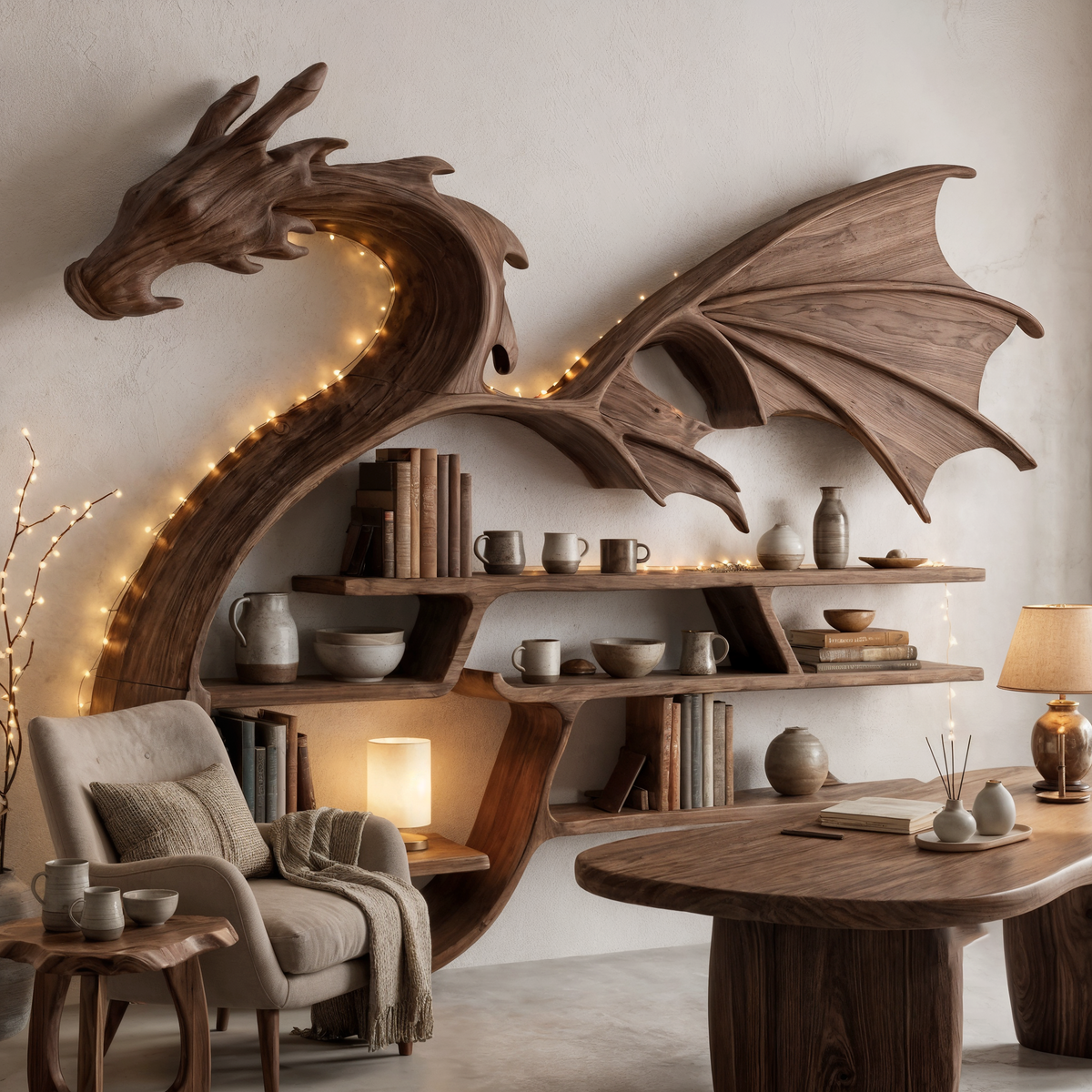 Medieval Dragon Wall Shelf With Sculptural Wooden Display Storage For Living Room SINLHABS044